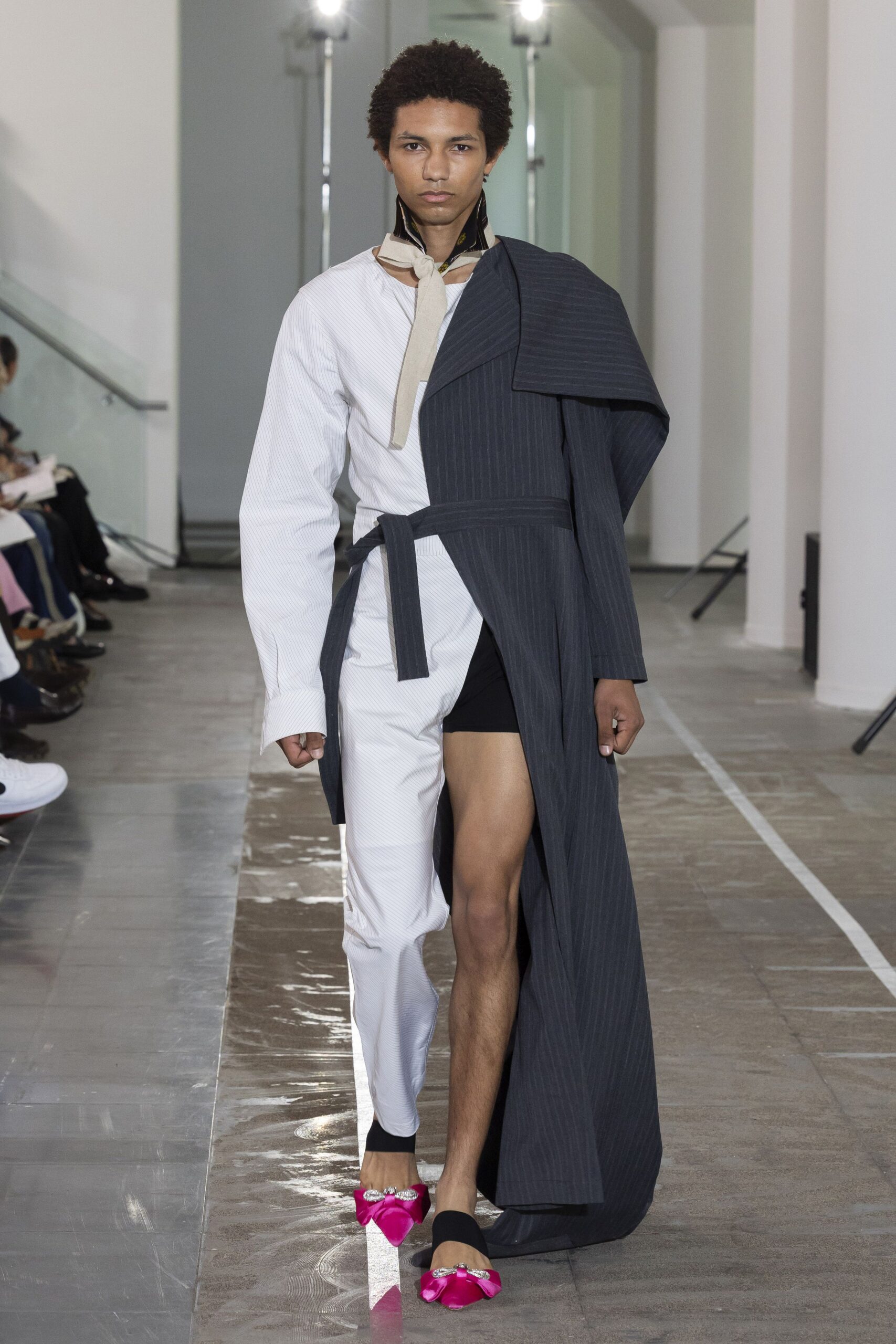 white cotton long-sleeve collared fitted belted pleated dress