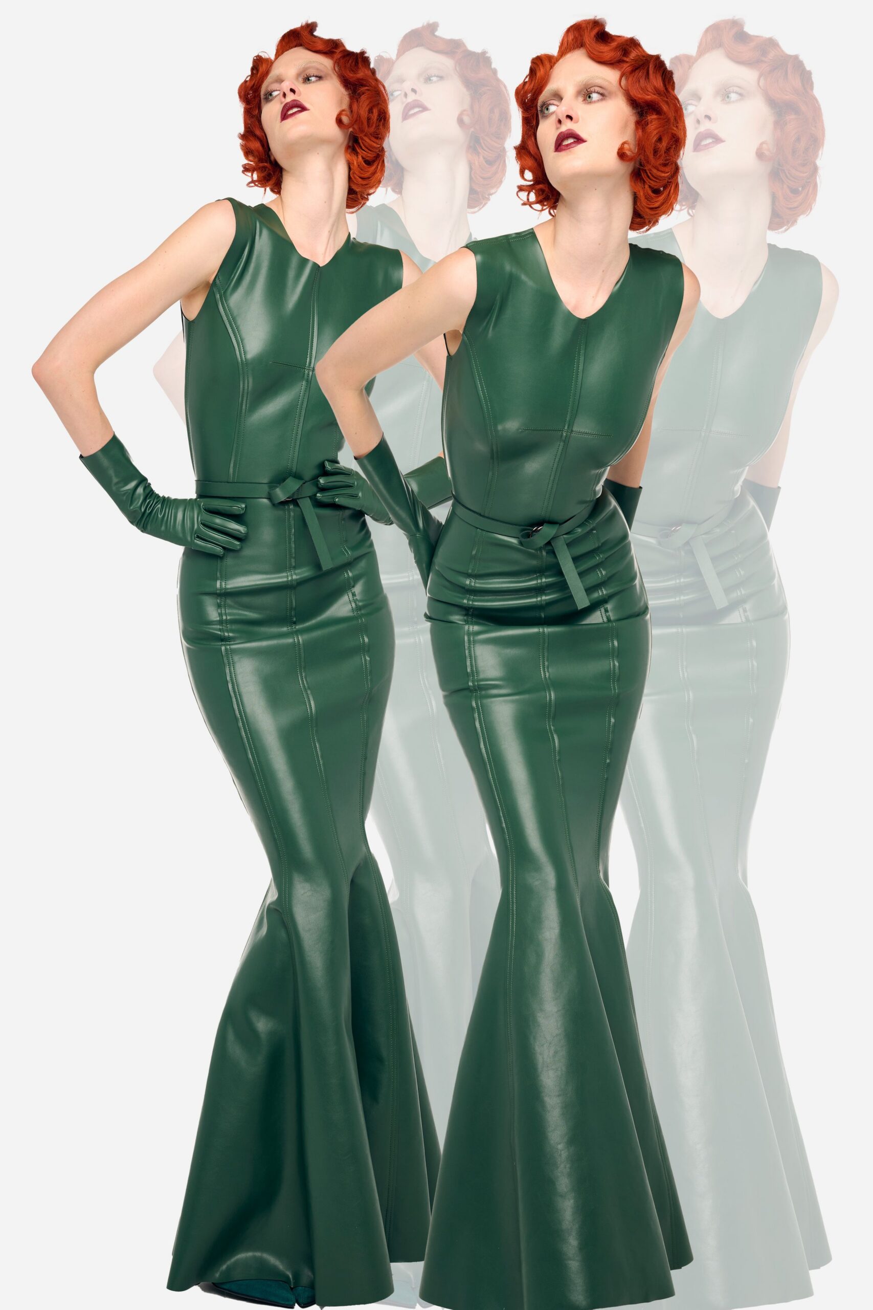 green leather sleeveless v-neck fitted flared maxi gown