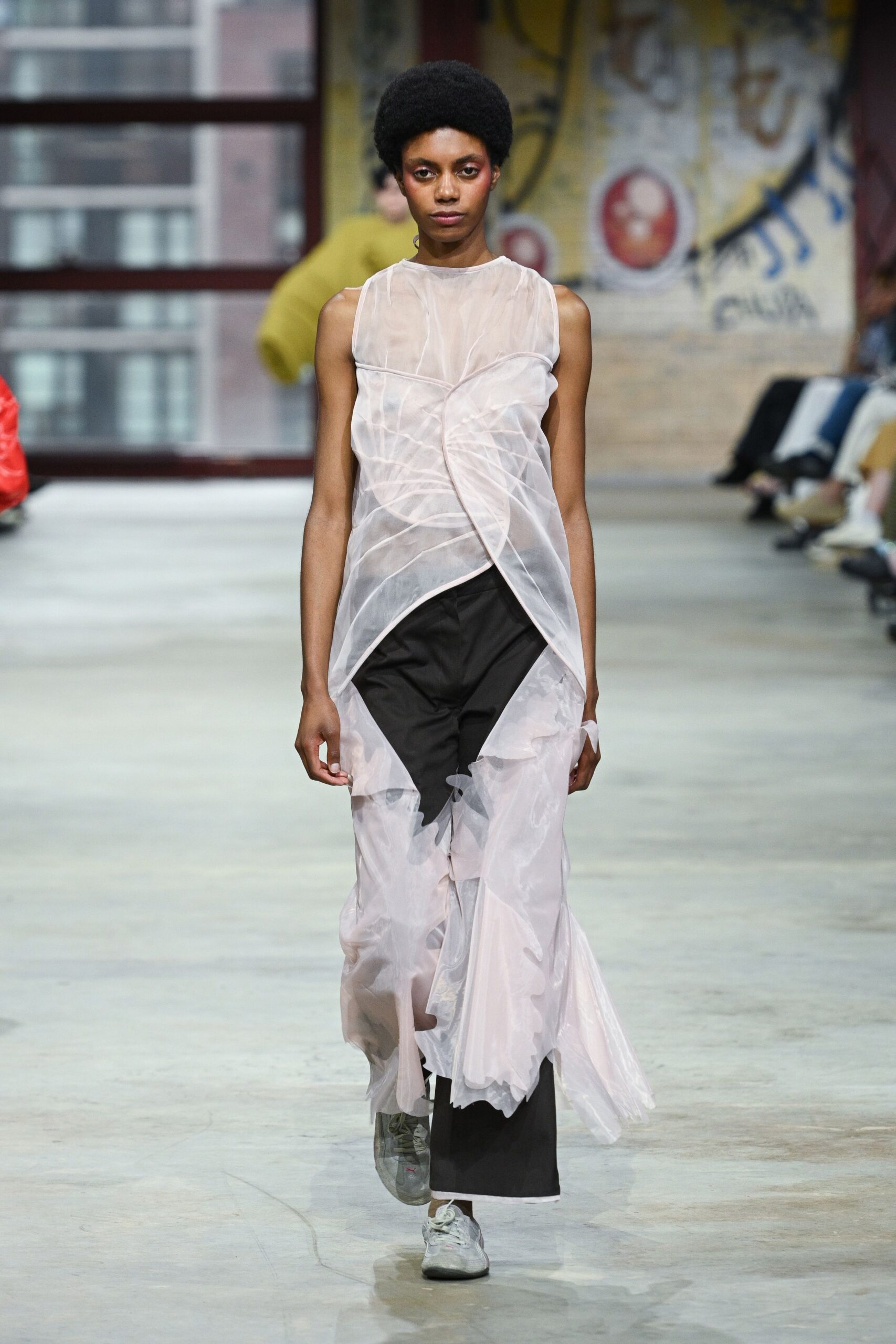 pink chiffon sleeveless high-neck fitted draped layered dress