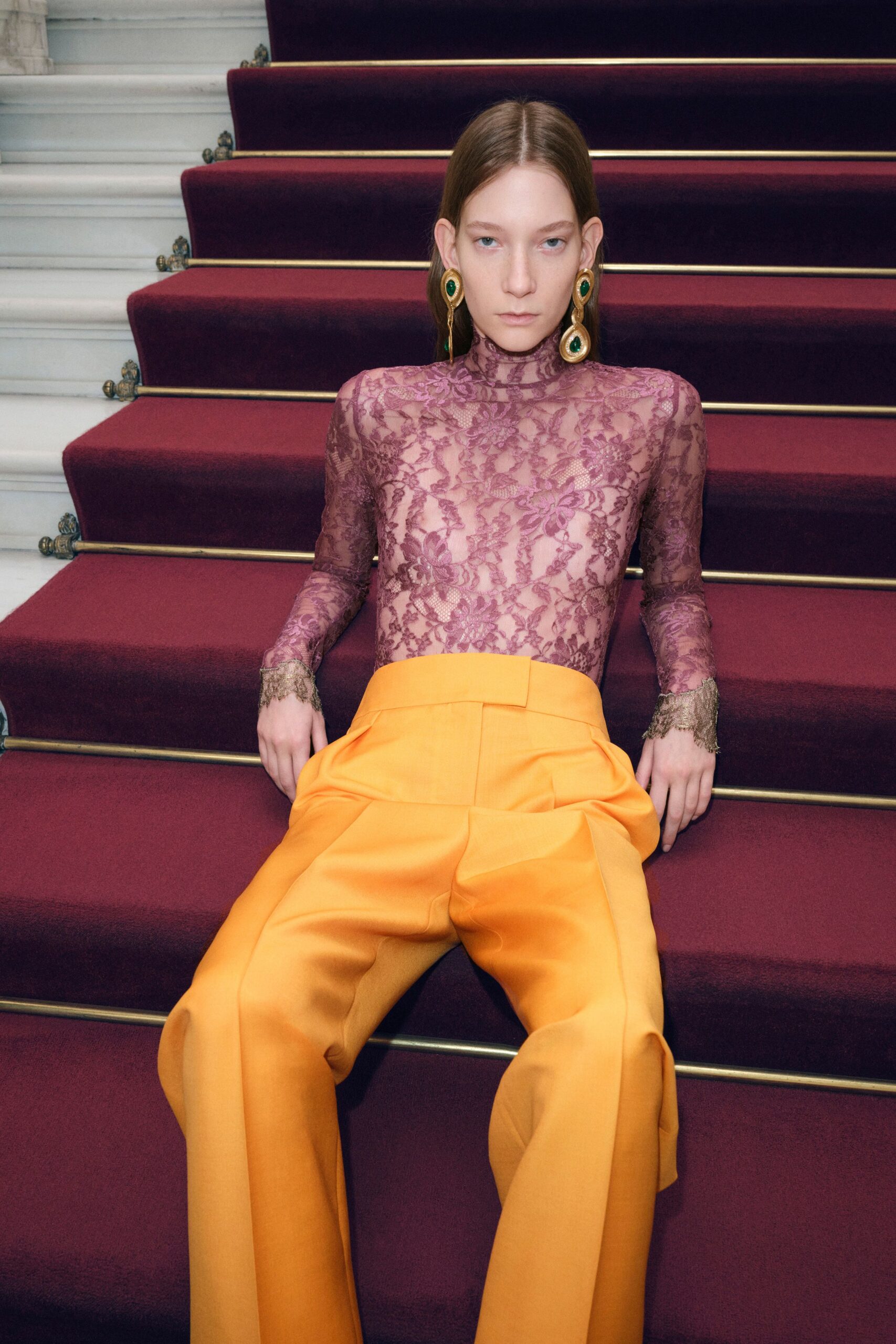 orange cotton tailored pleated pants