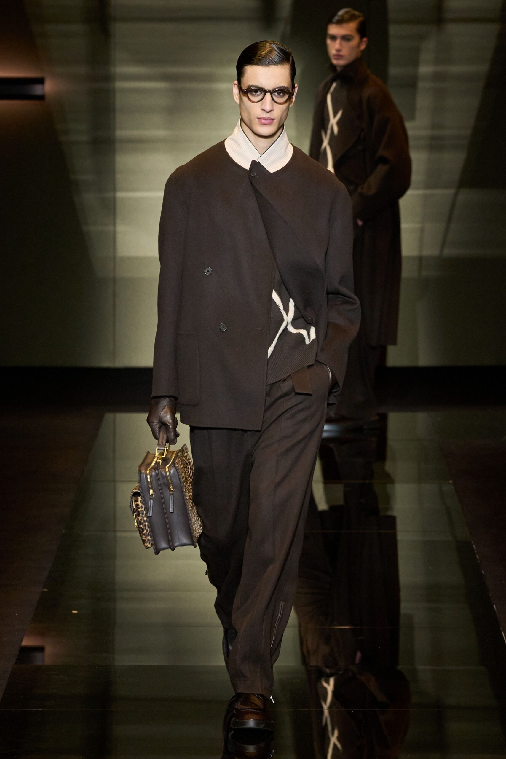 brown wool coat with tailored pants