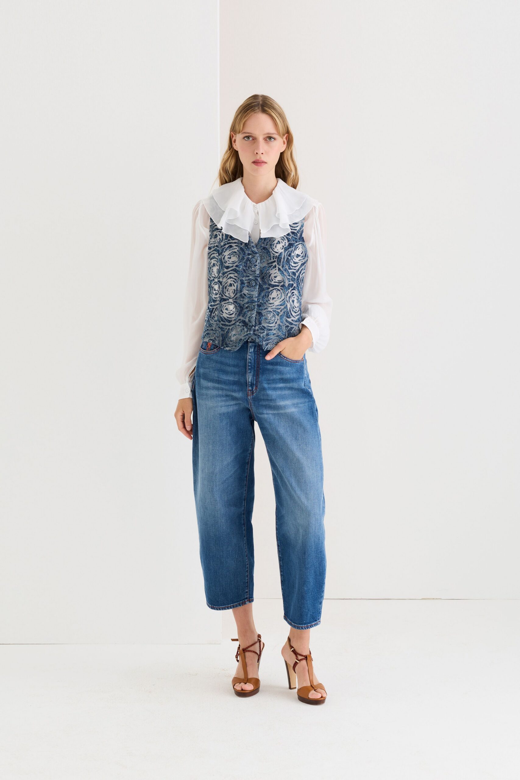 blue denim sleeveless v-neck fitted embroidered top