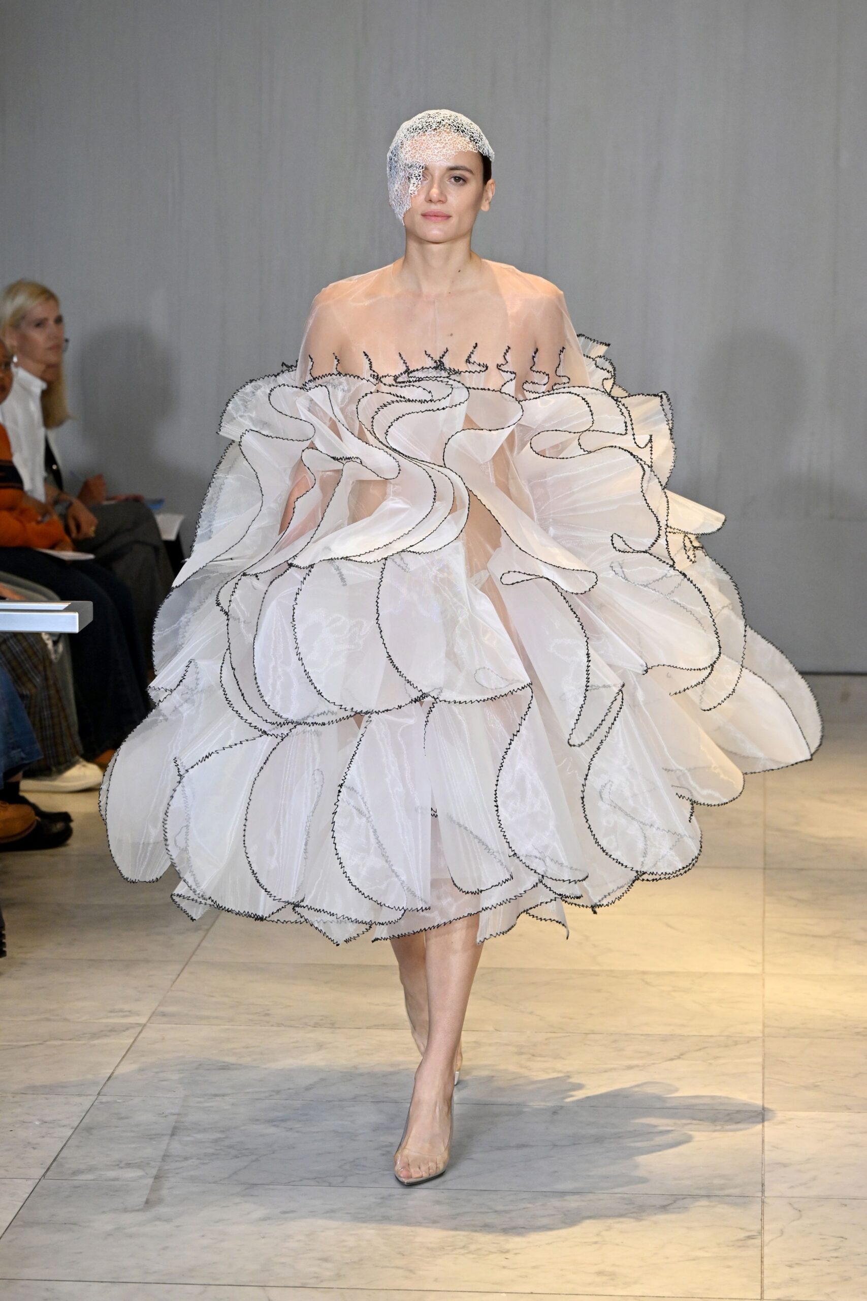 white tulle sleeveless v-neck fitted pleated layered dress