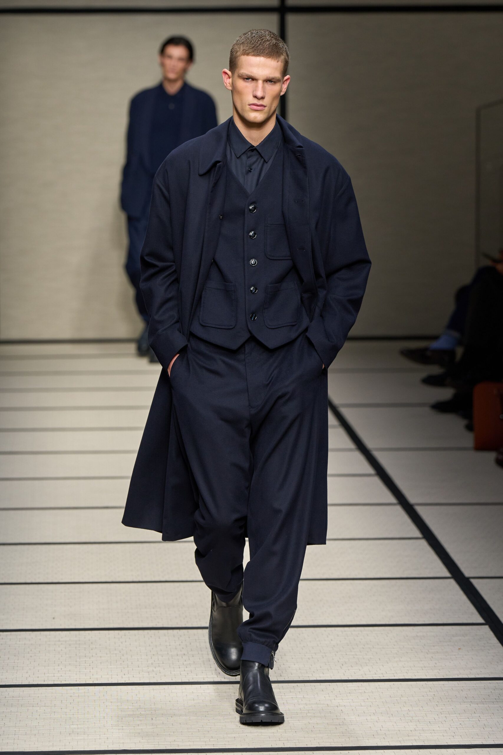 navy coat vest pants outfit
