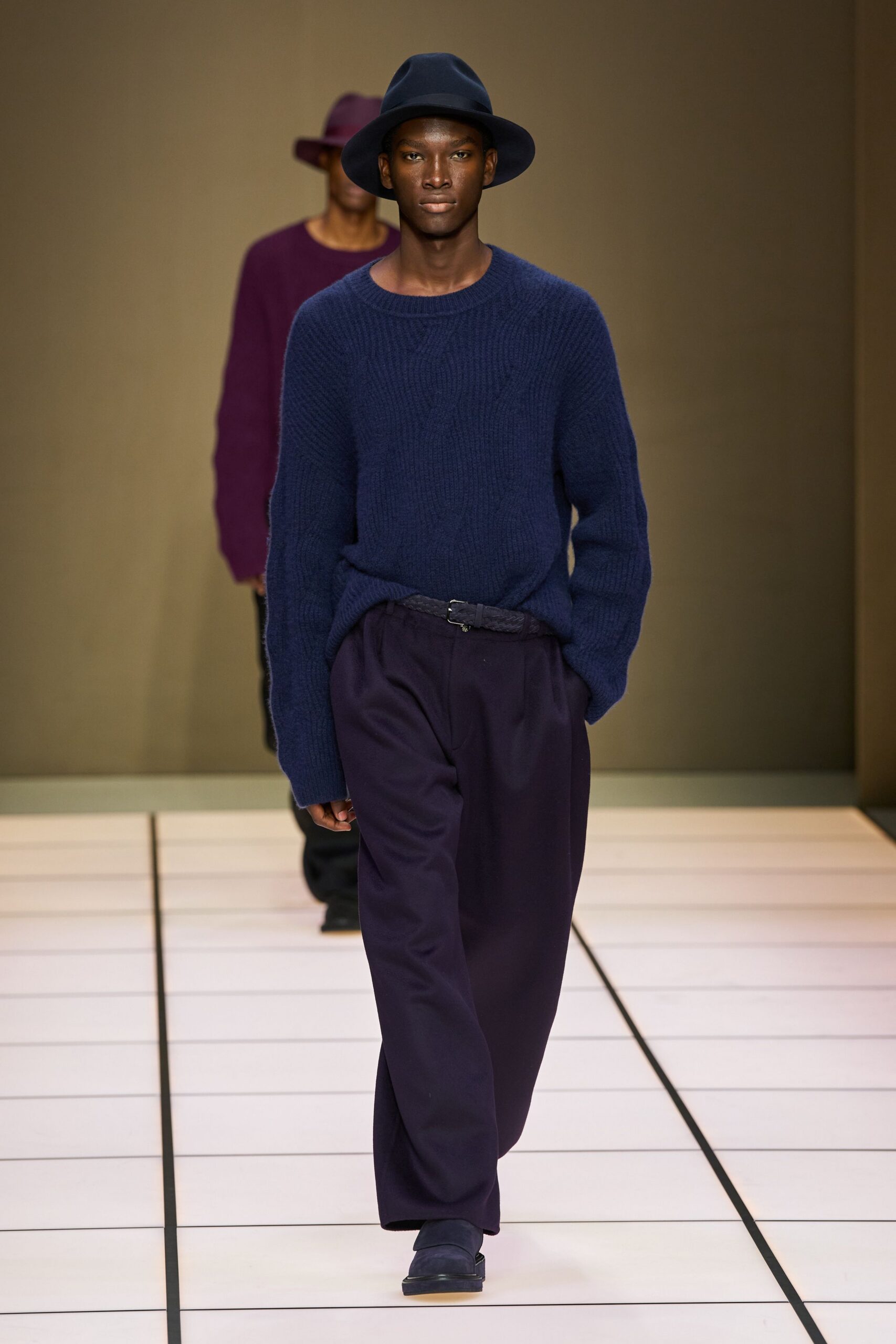 blue wool relaxed sweater with purple pants