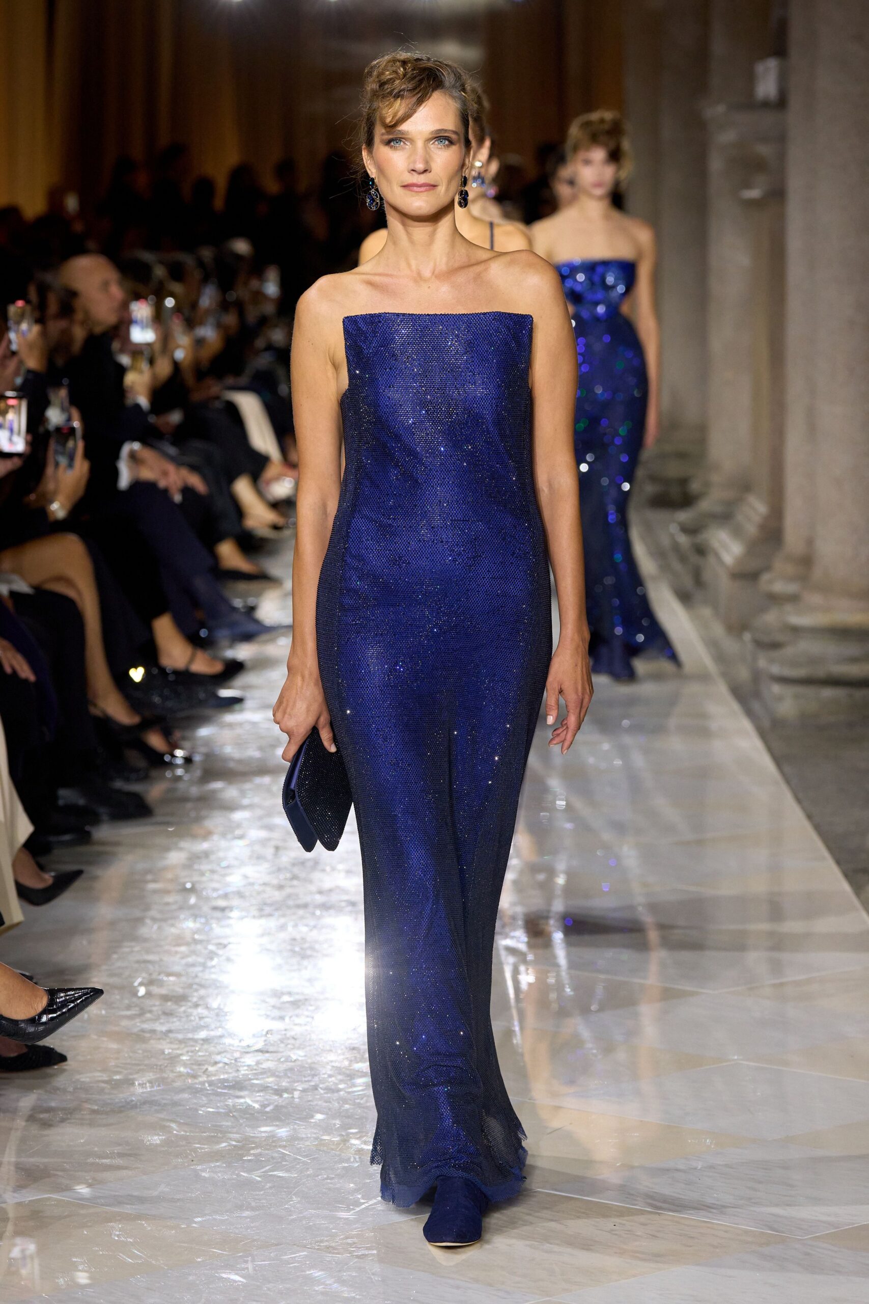 blue satin strapless fitted sequined shiny maxi gown