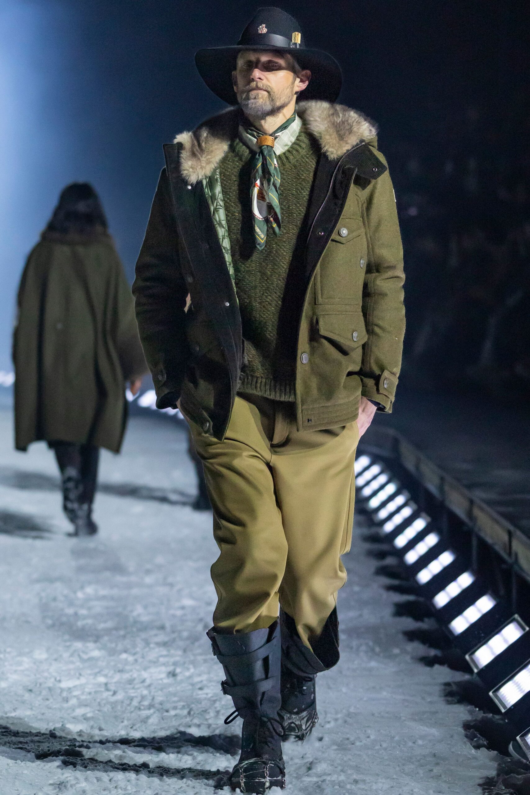 green wool coat with scarf