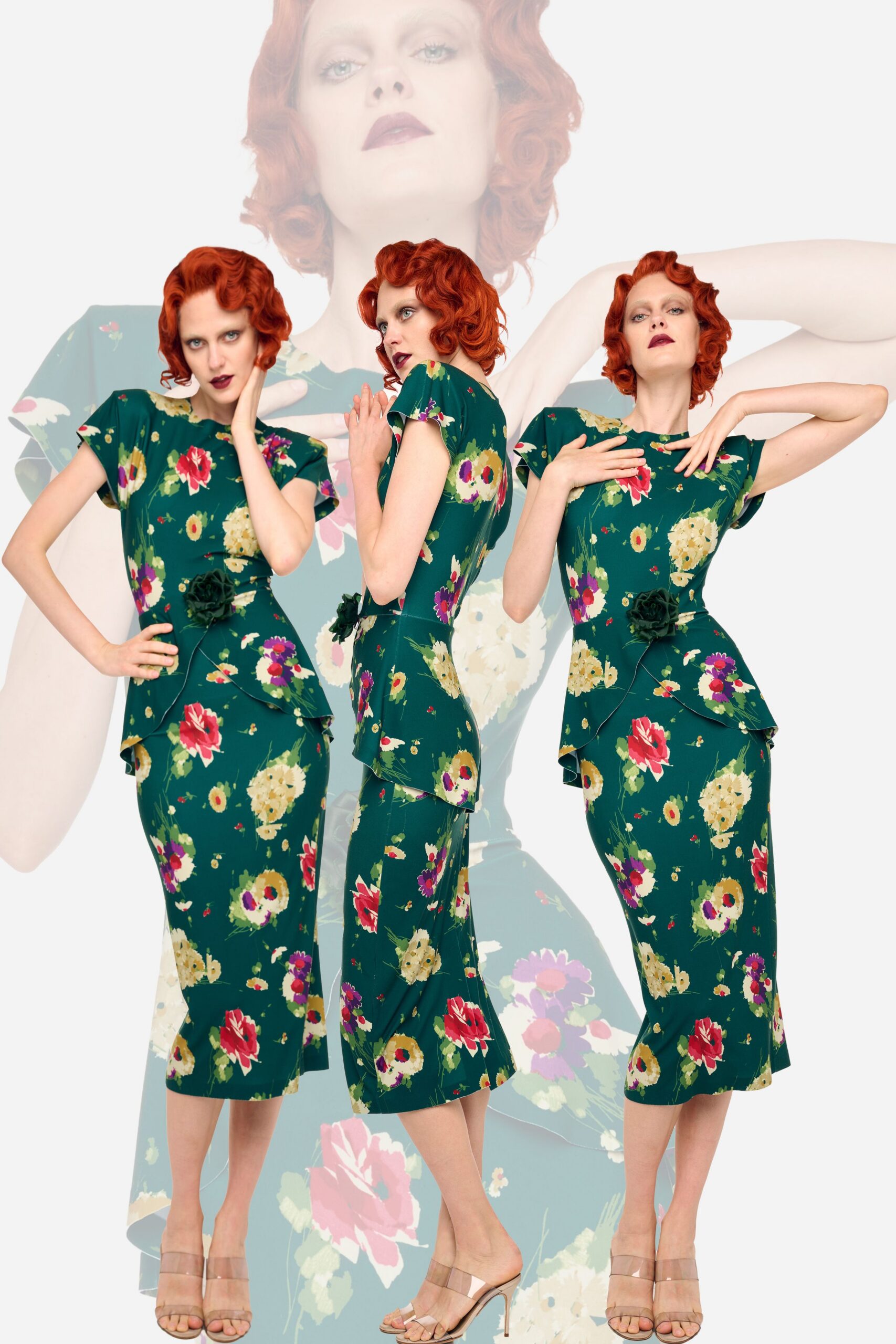 floral green fitted midi dress