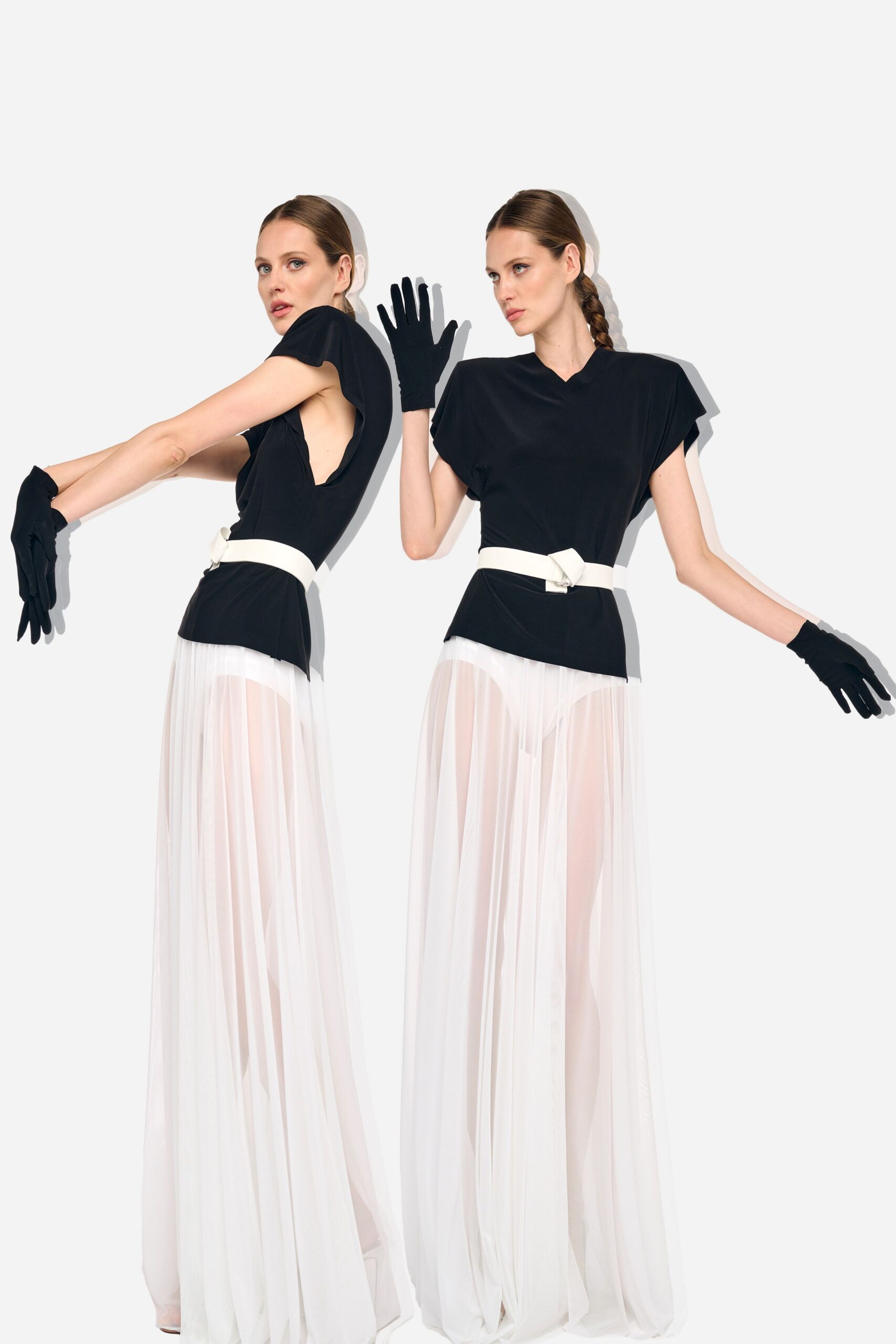 black and white pleated gown