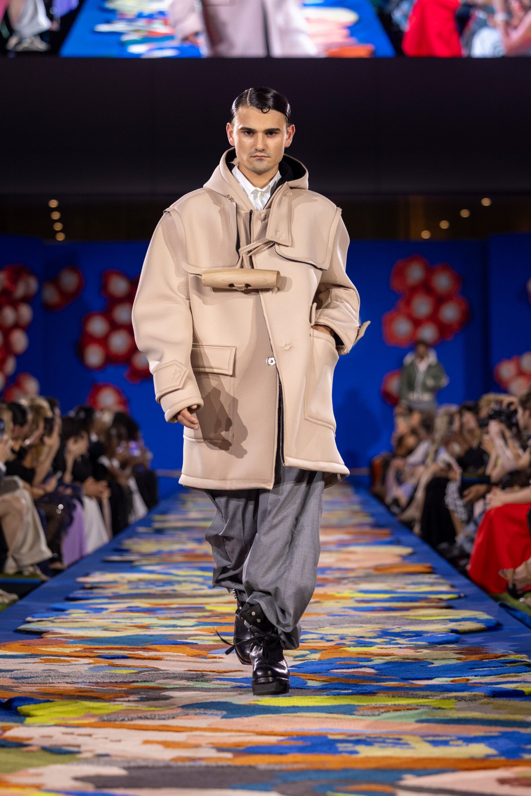 beige wool coat gray pants black shoes