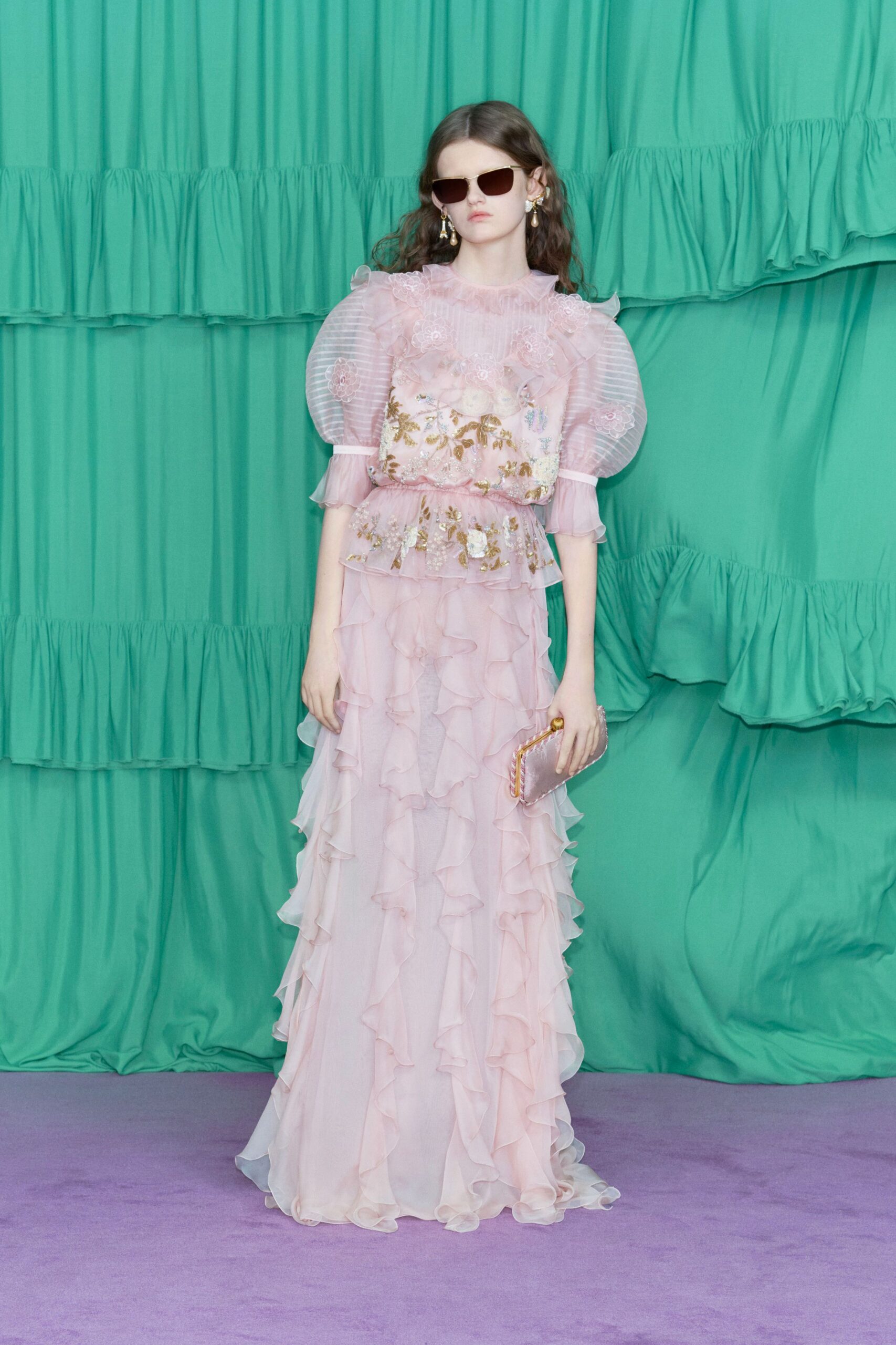 pink chiffon short-sleeve high-neck fitted ruffled layered gown