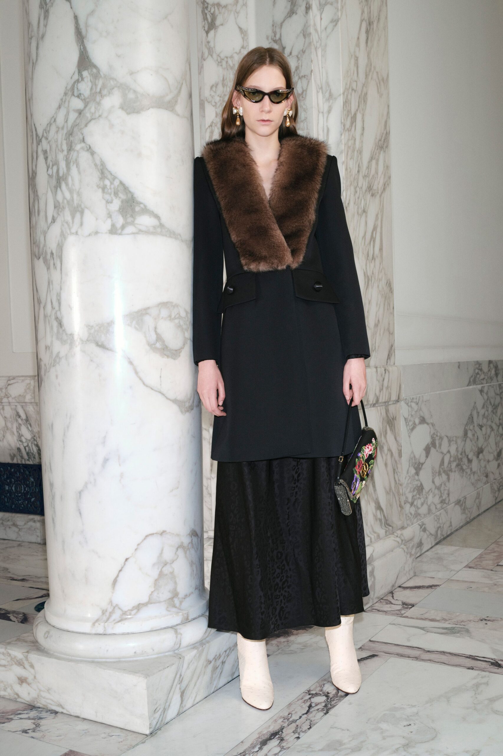 black wool long-sleeve collared fitted buttoned fringed coat