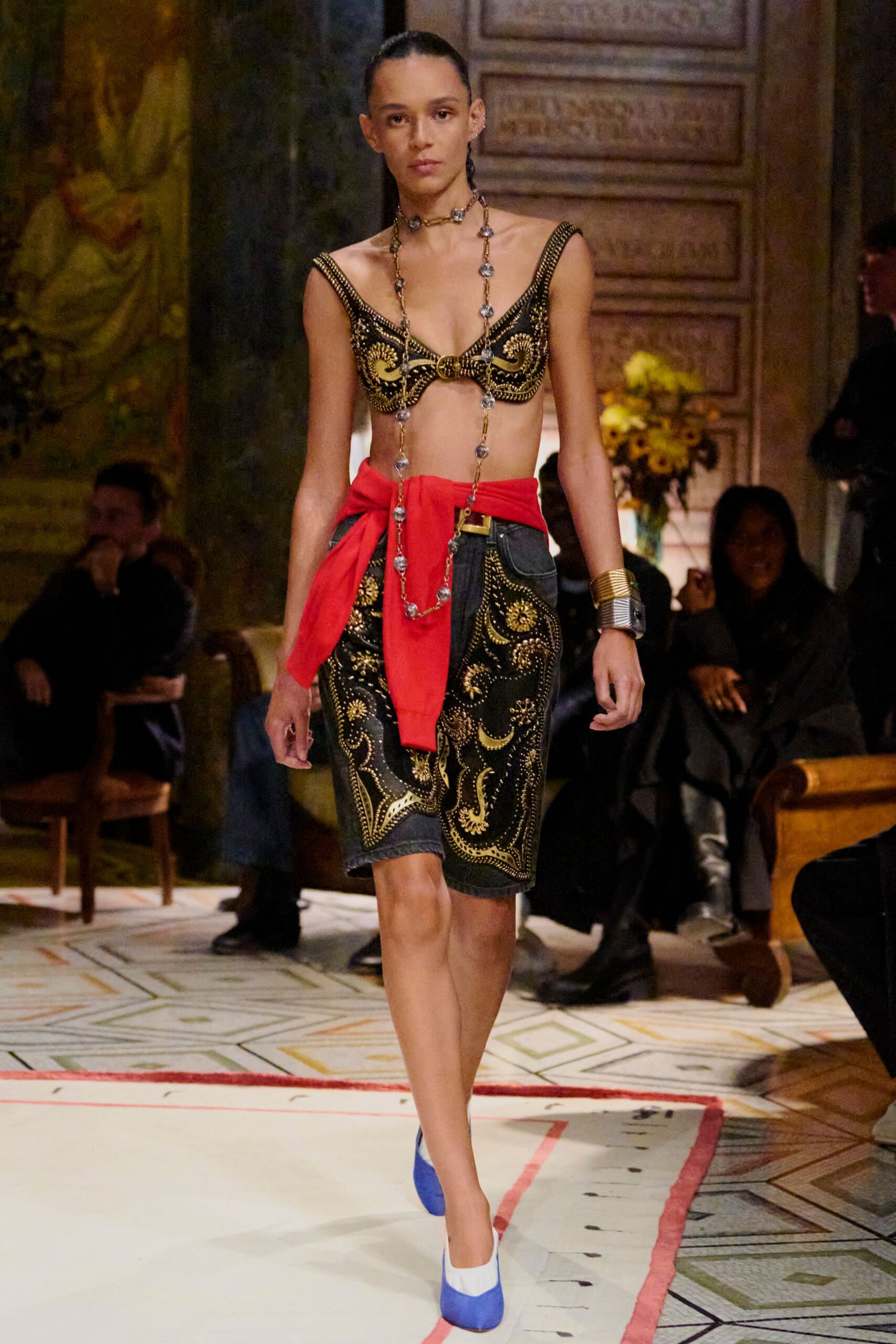 black silk sleeveless fitted embroidered short crop-top