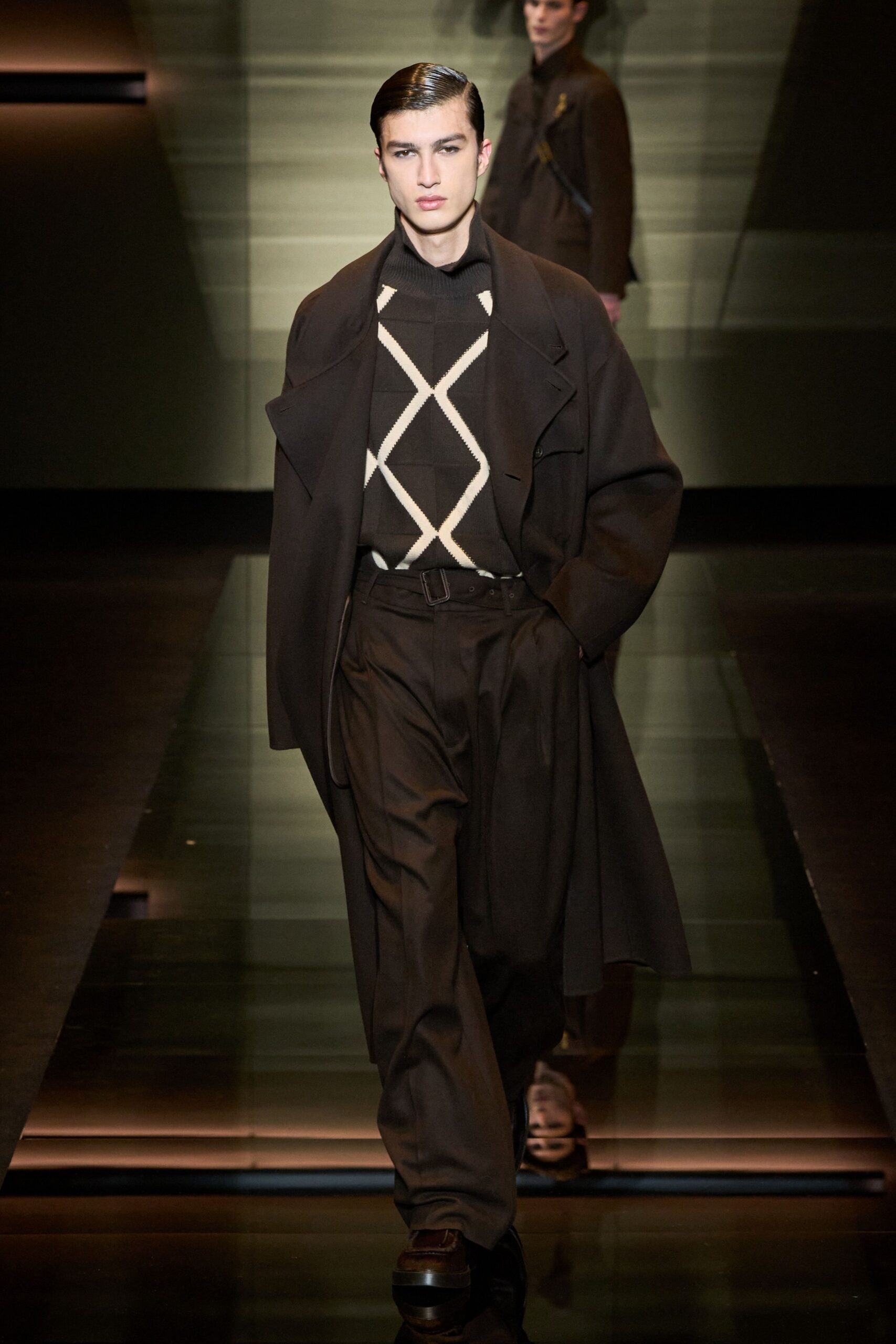 brown wool coat with fitted sweater