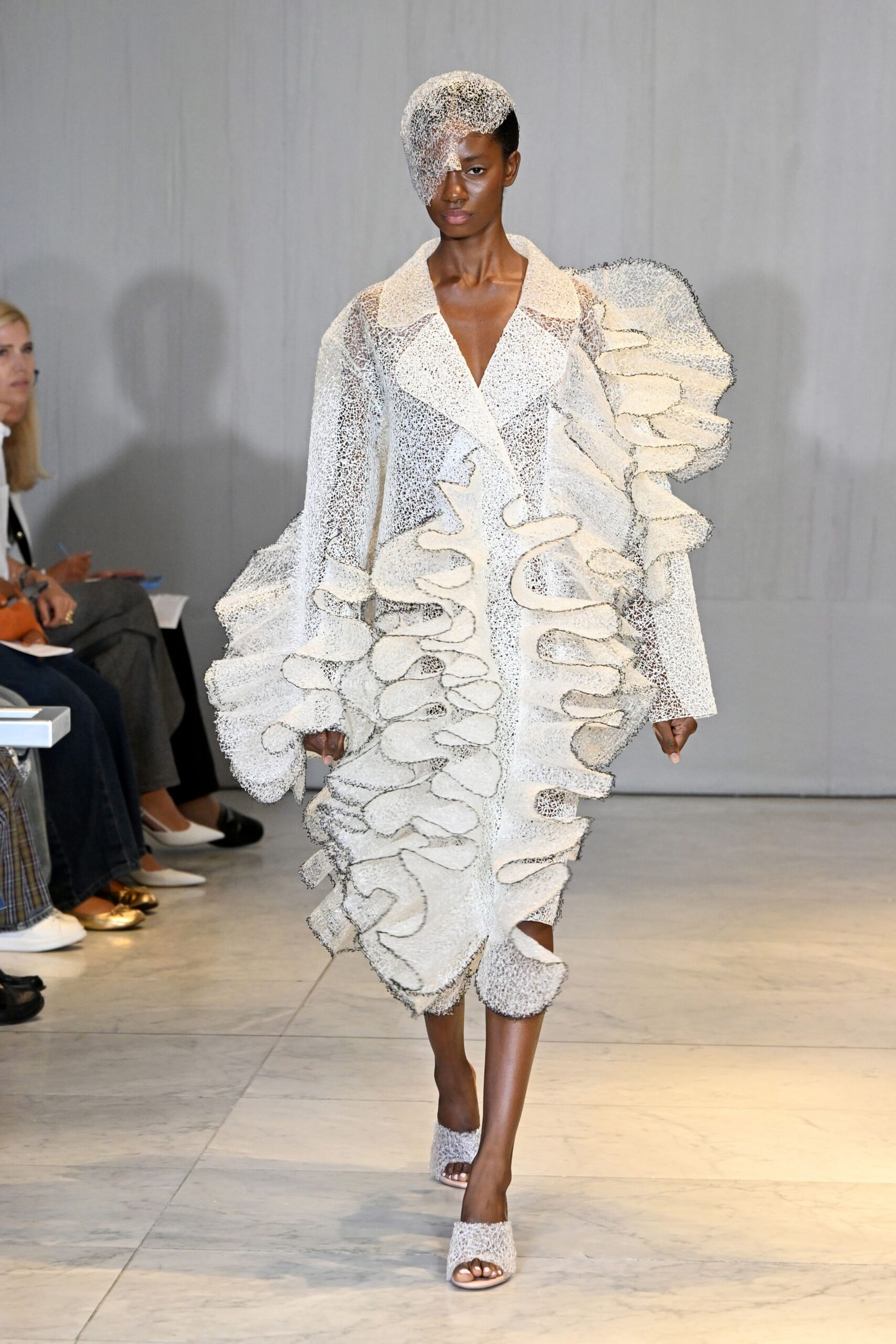 white silk long-sleeve v-neck fitted ruffled shiny coat