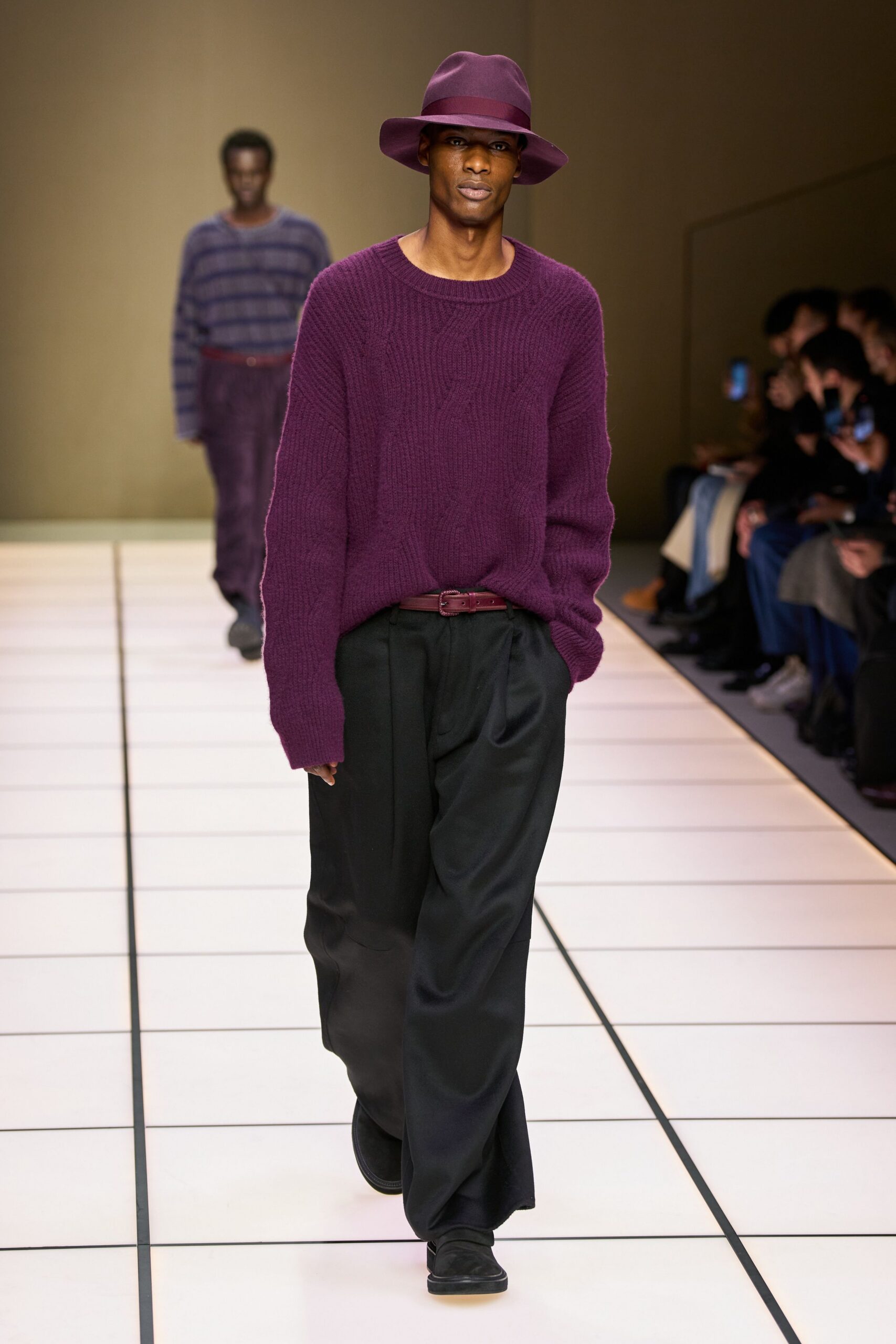 purple wool long-sleeve collared relaxed sweater
