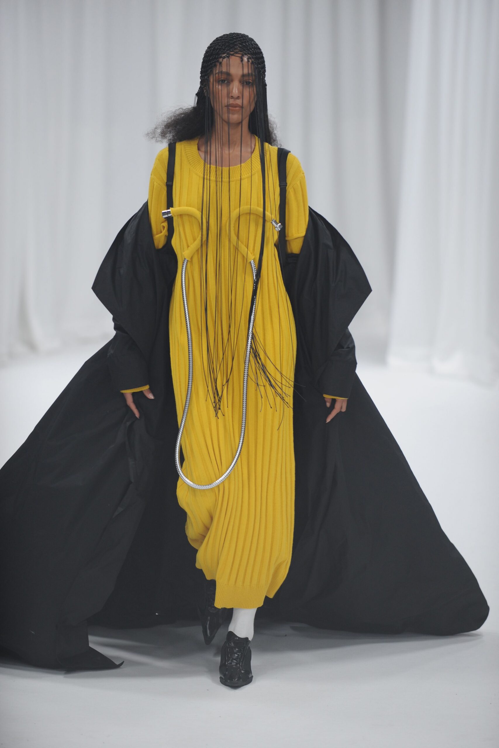 black cotton long-sleeve oversized draped coat