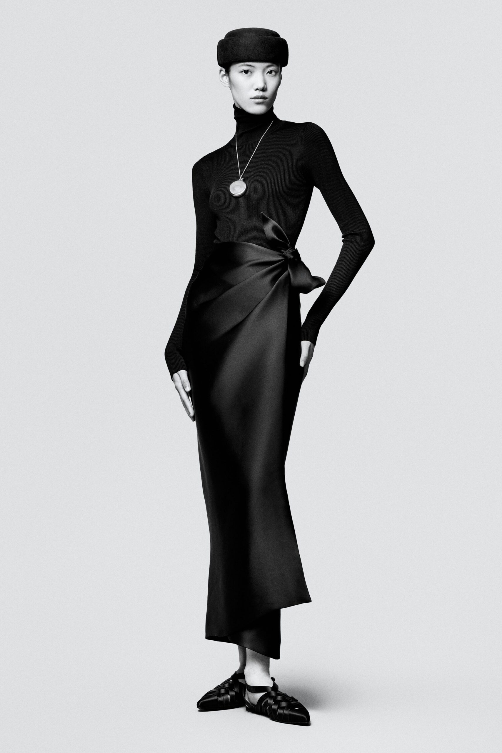 black silk fitted high-waisted draped midi skirt