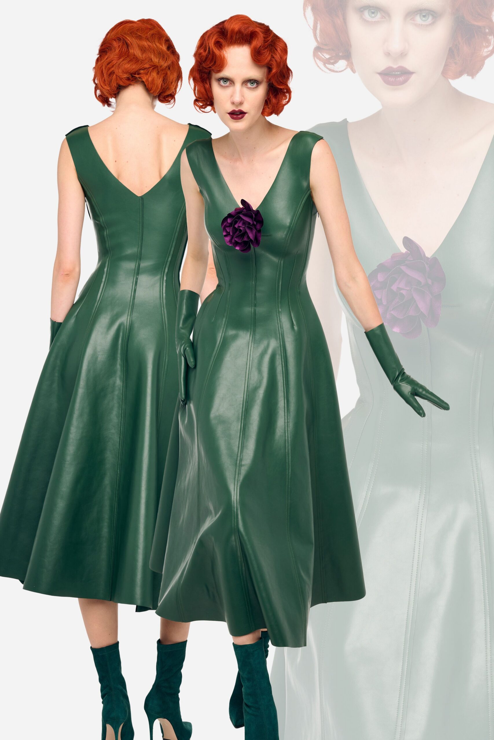 green leather sleeveless v-neck fitted a-line midi dress