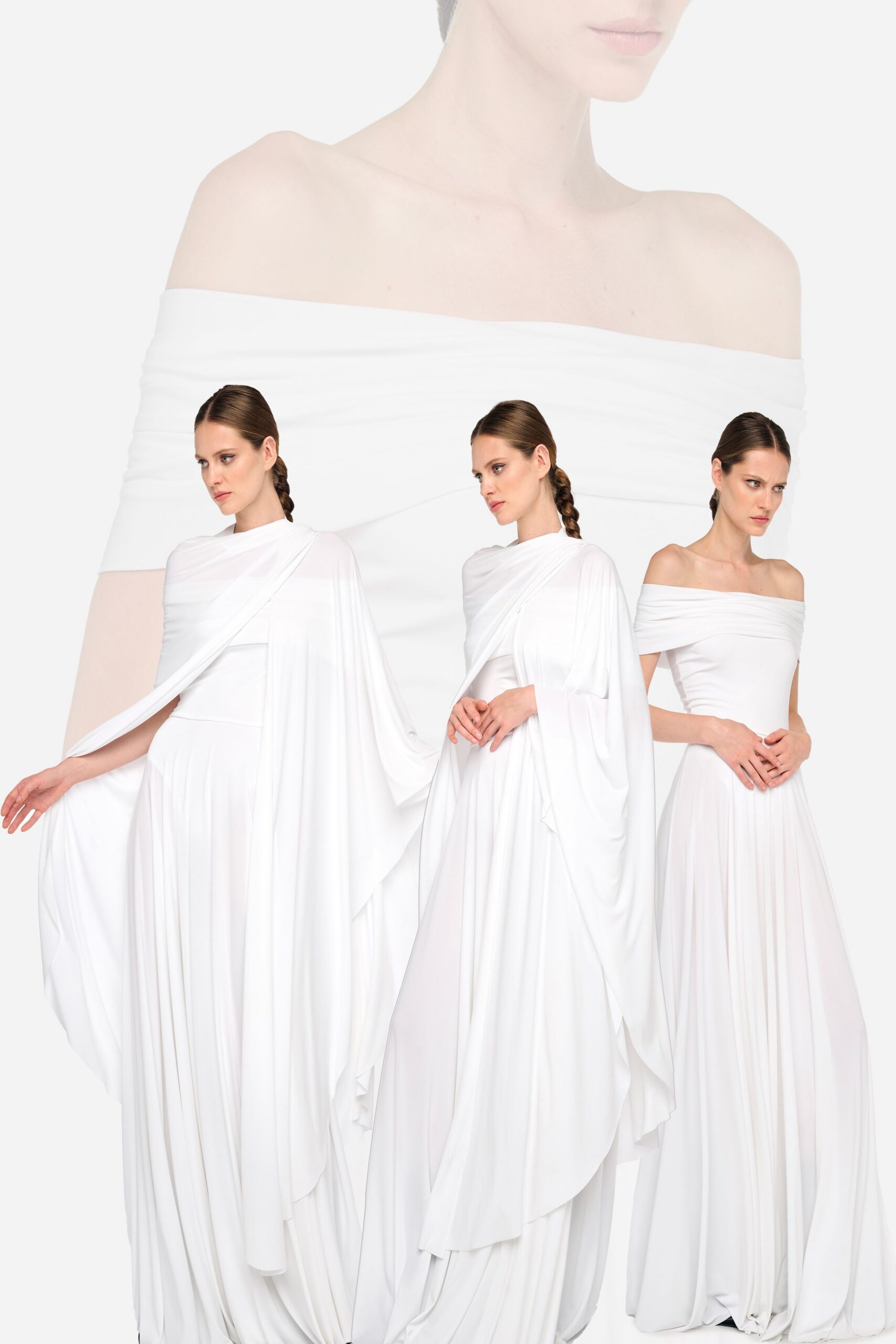 white silk off-shoulder gown
