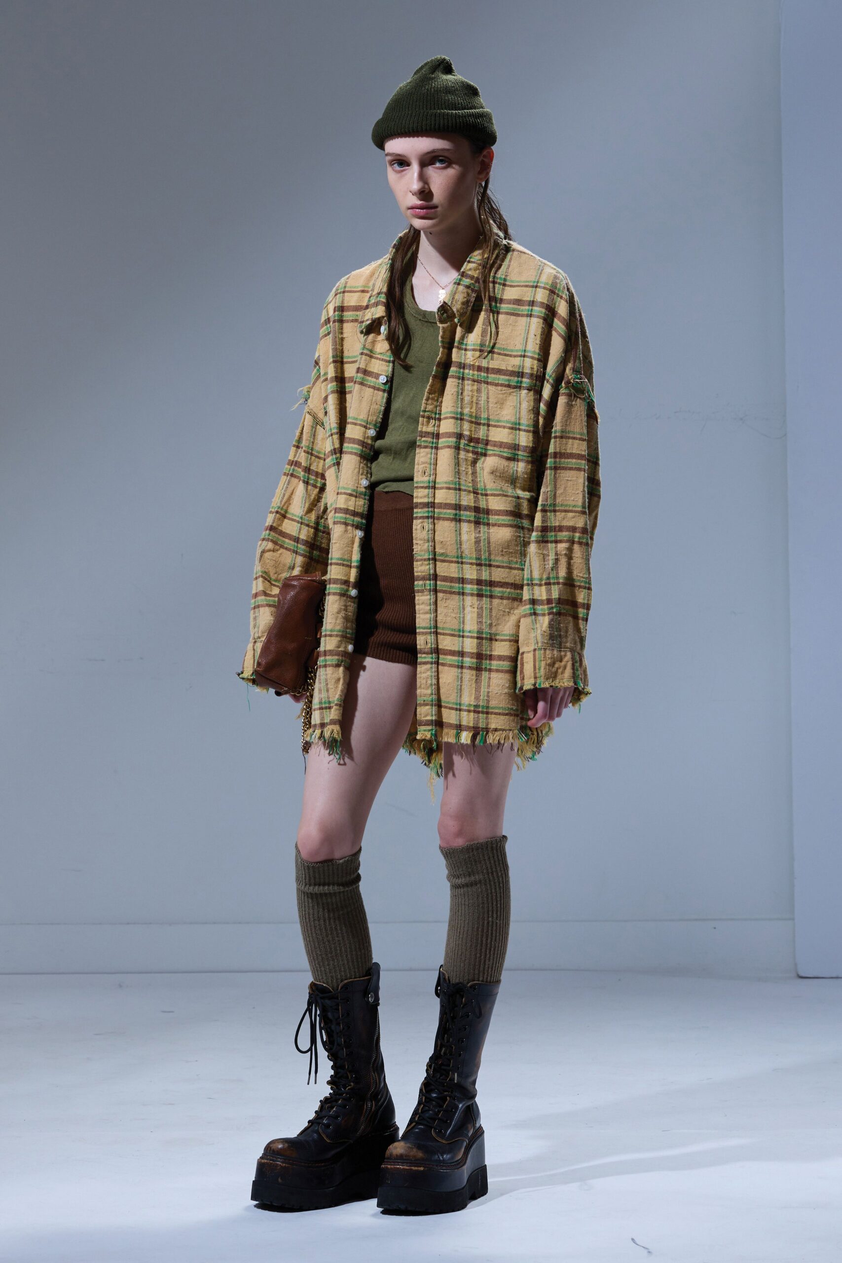 yellow cotton long-sleeve collared oversized checked fringed jacket