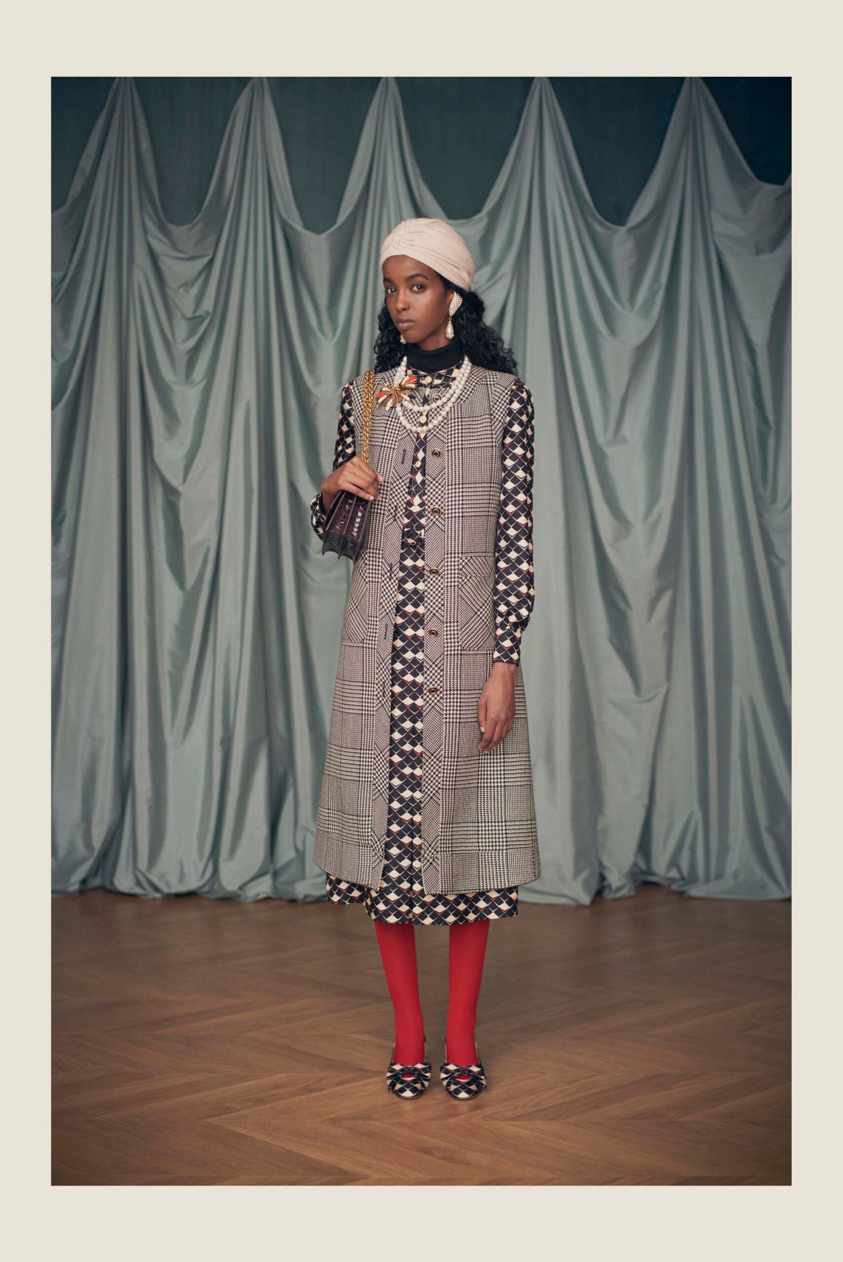 checked midi dress with red pants