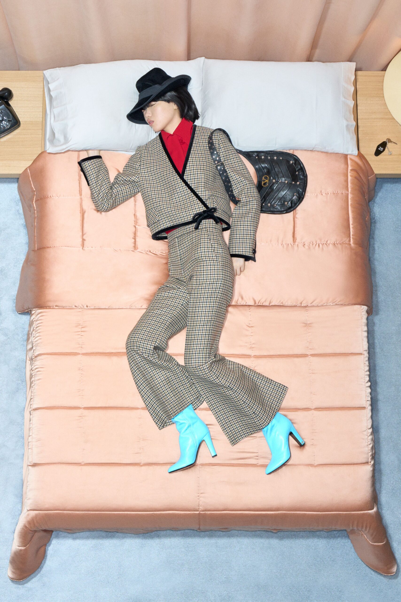 black cotton long-sleeve collared tailored checked suit