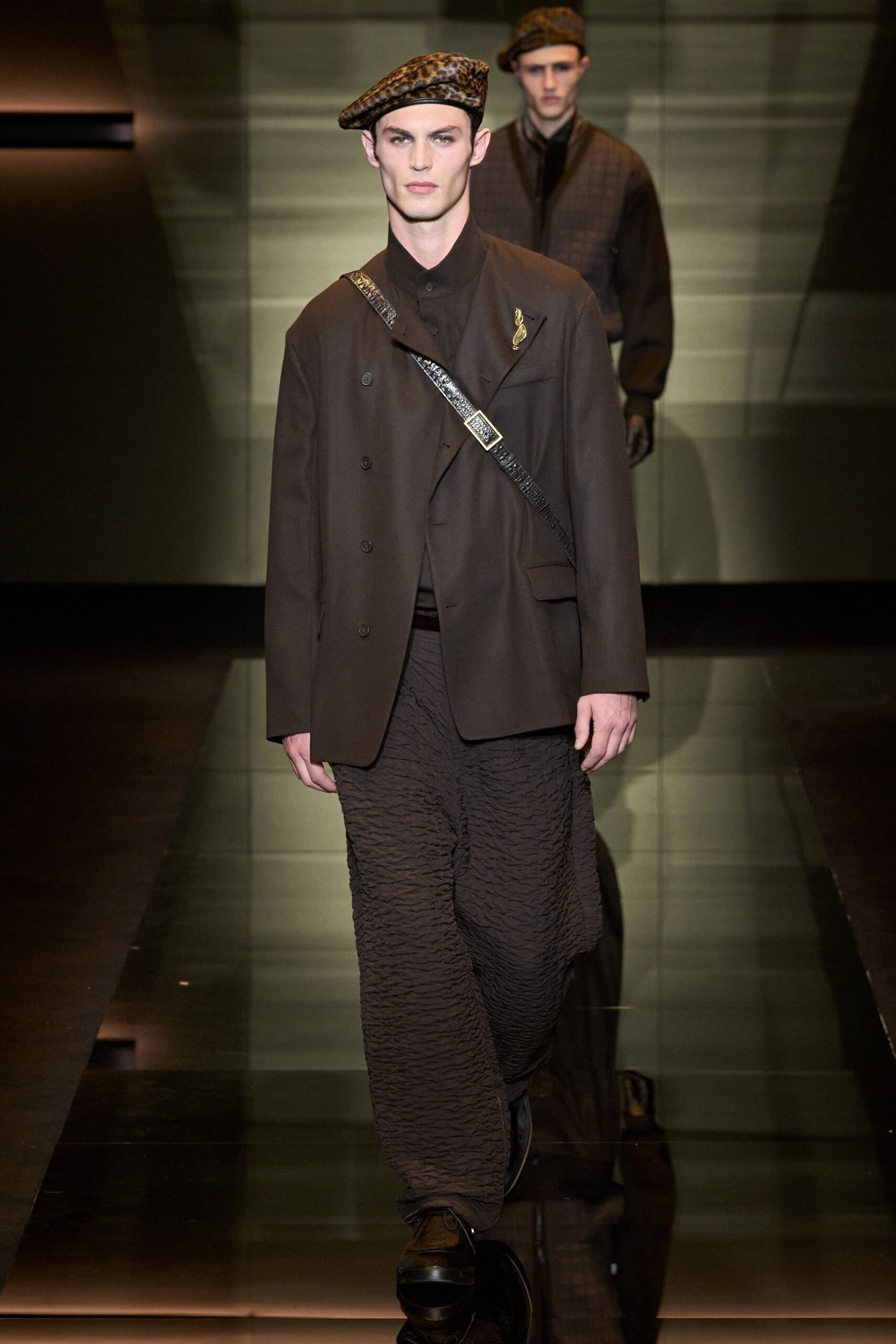 brown blazer and pants with hat