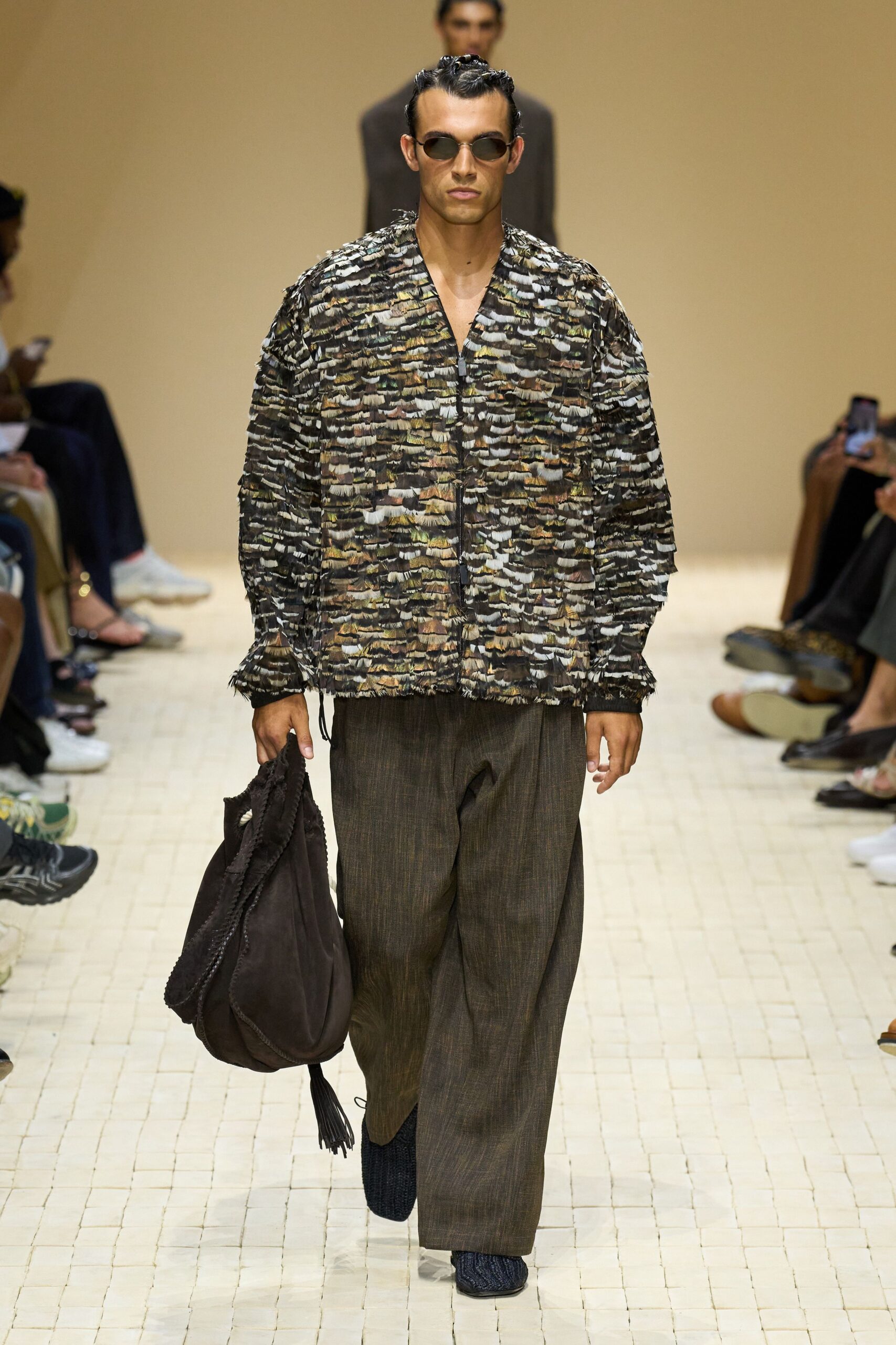 multi-colored relaxed shirt and brown pants