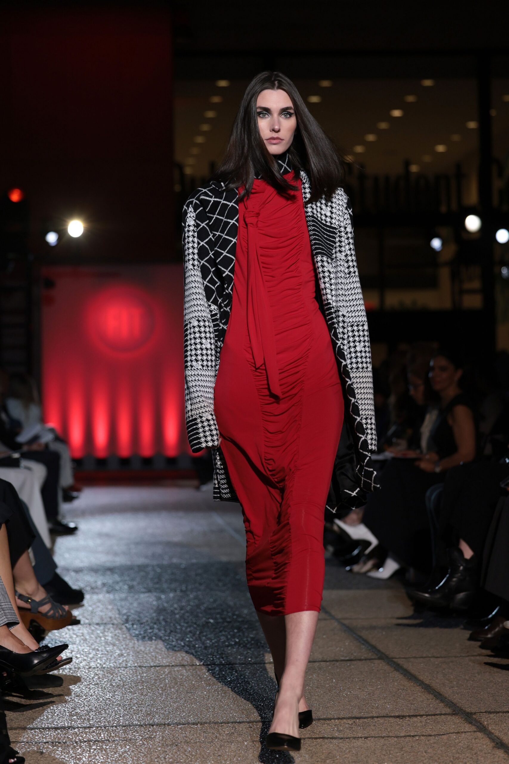 red fitted midi dress with coat