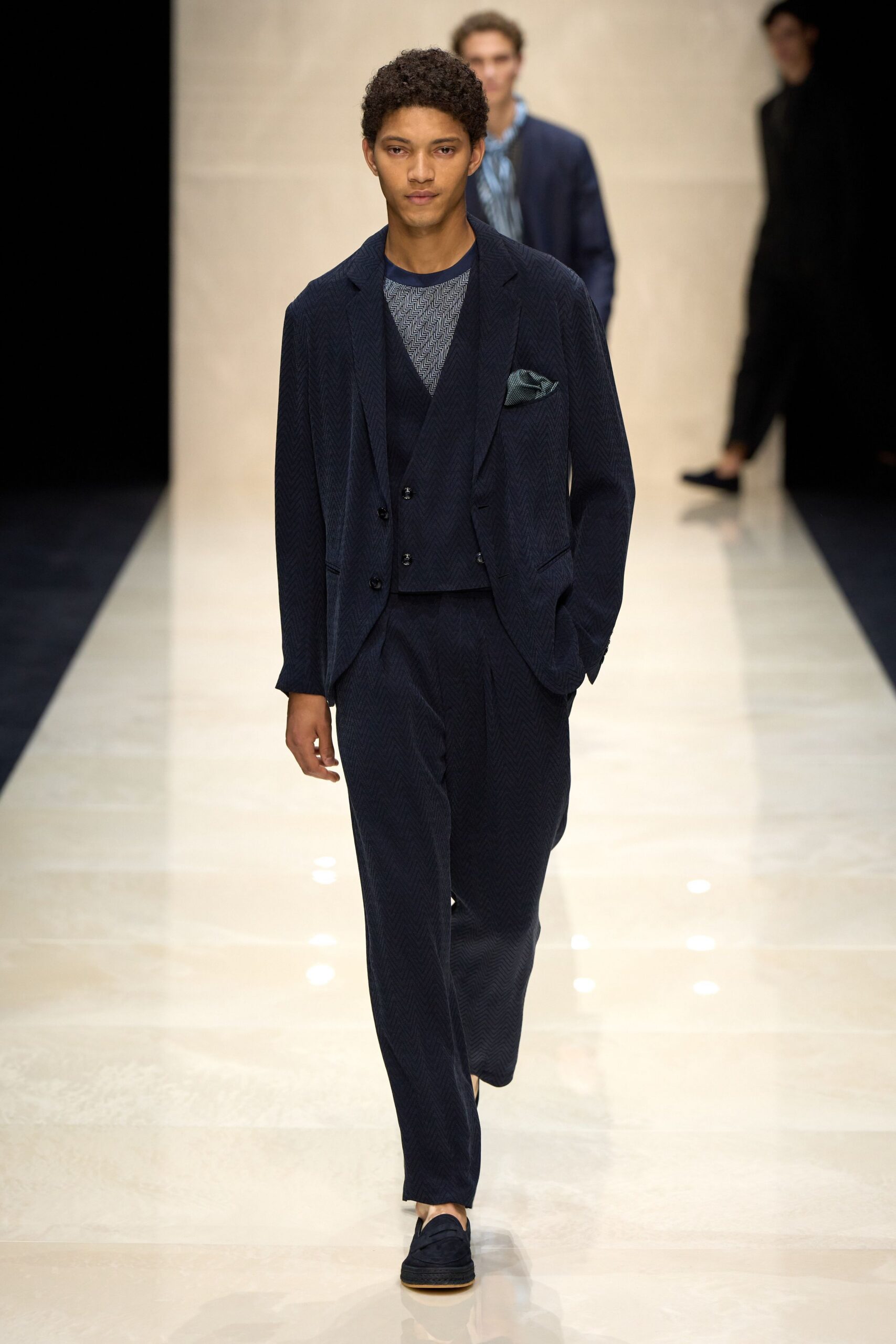 blue cotton long-sleeve collared tailored buttoned suit