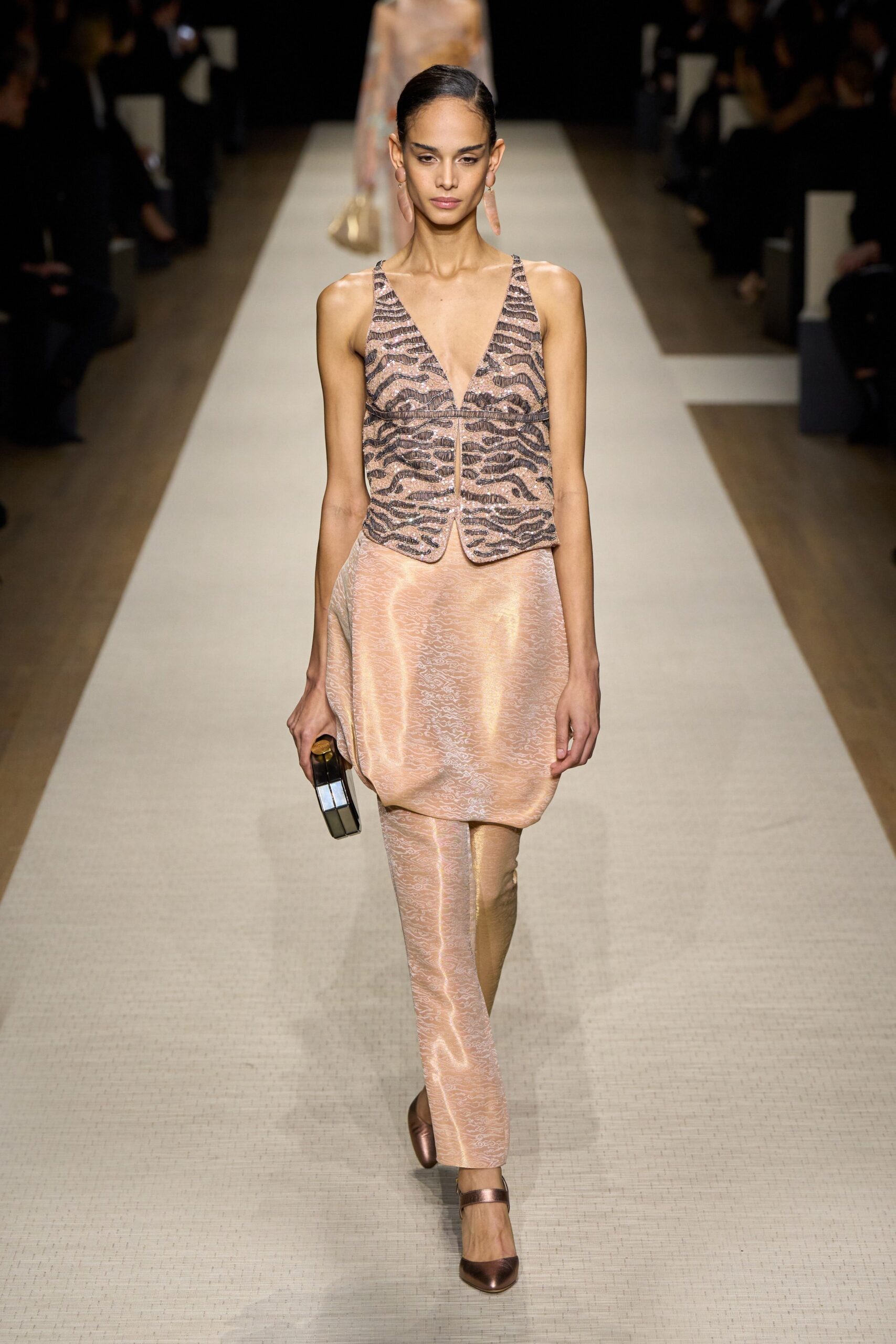 beige silk fitted draped pants