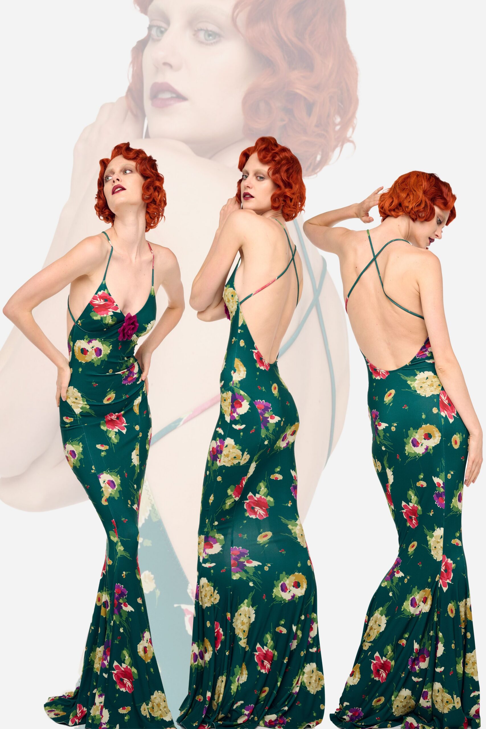 green floral fitted gown