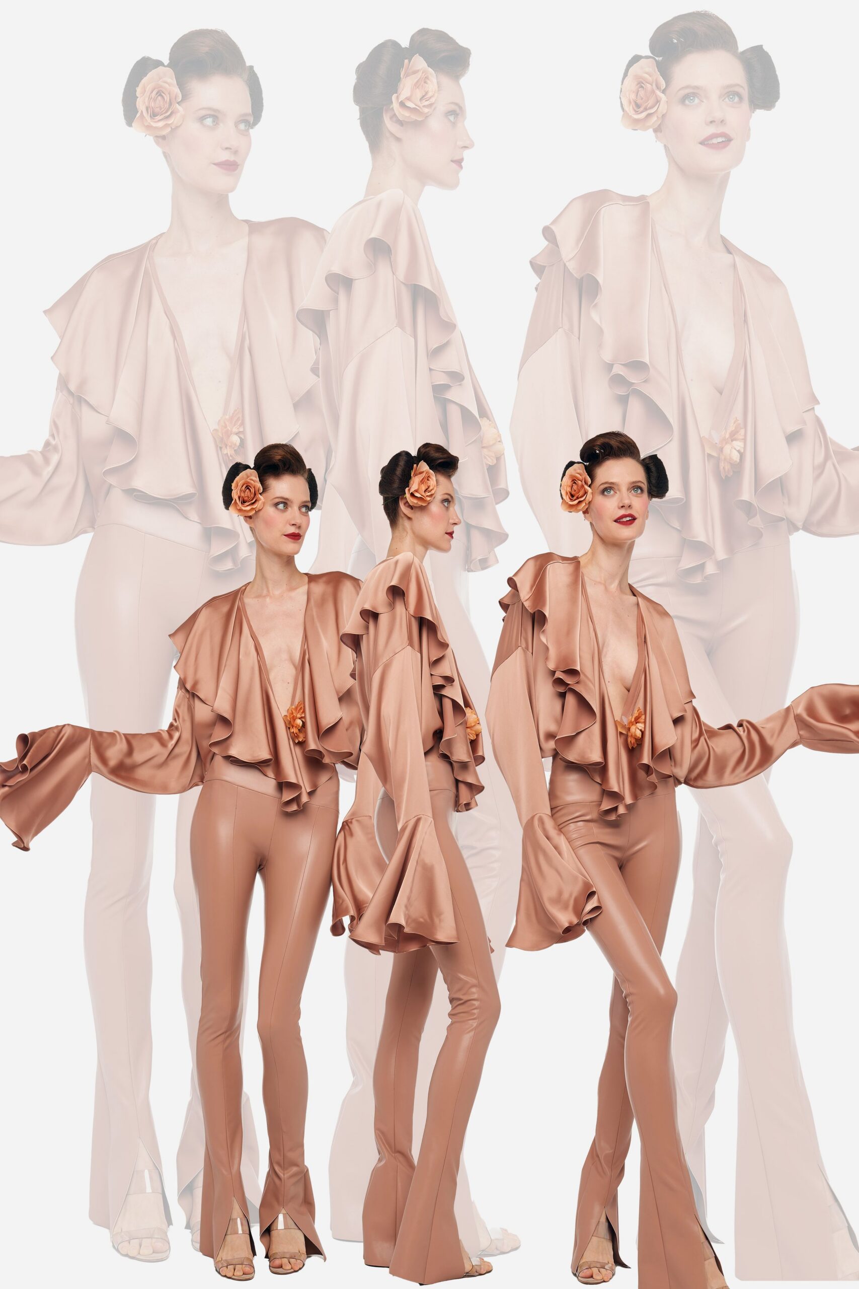 beige silk fitted flared pants