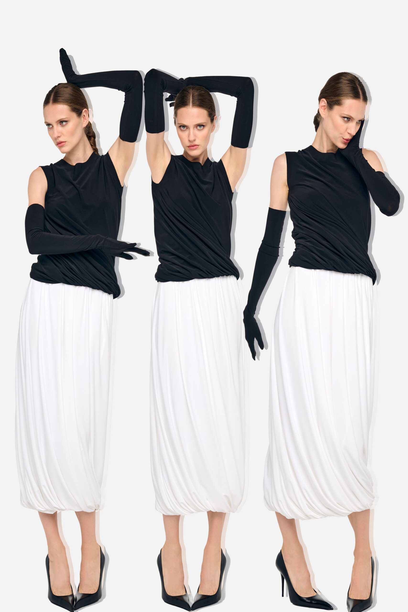 black top white midi skirt