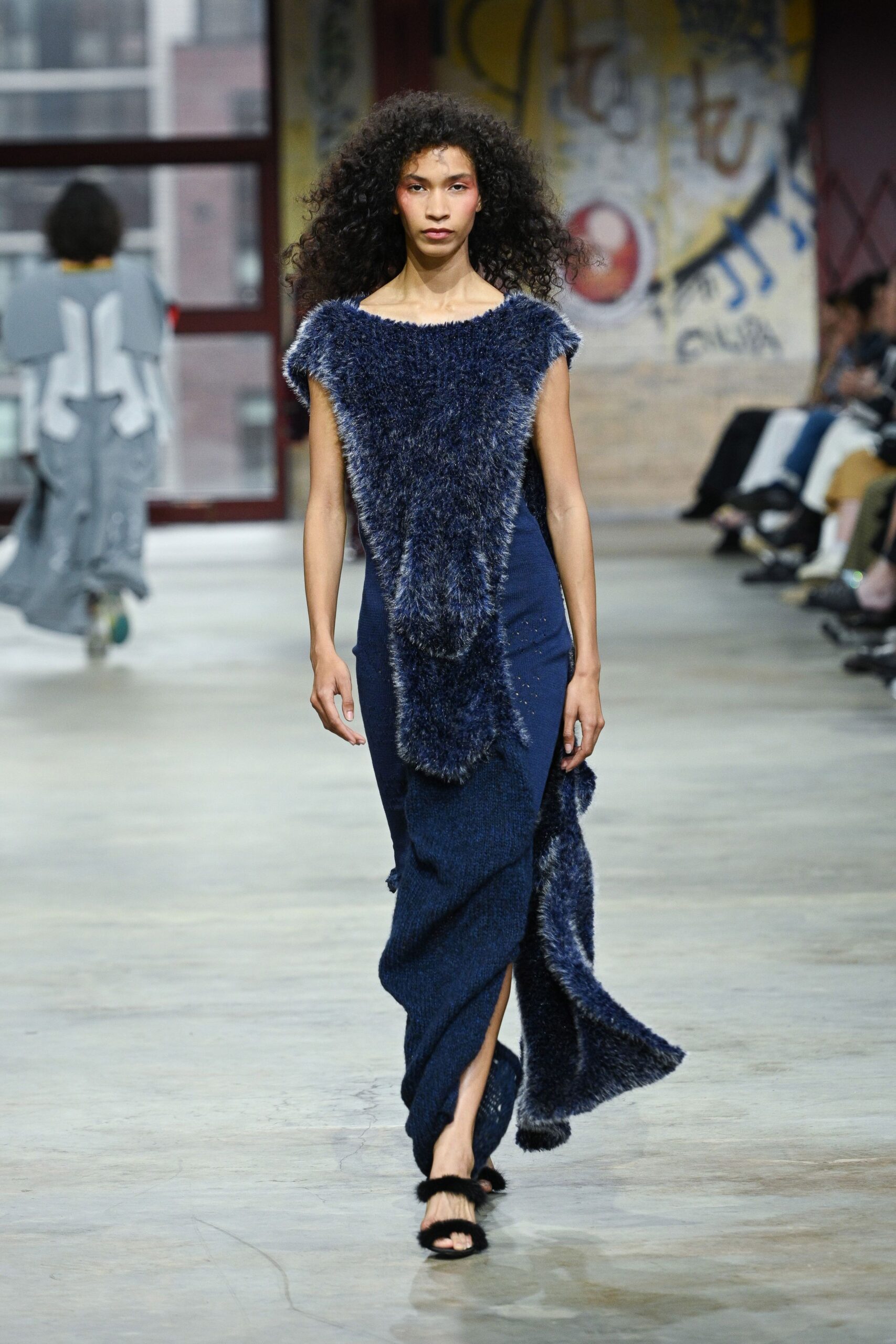 blue wool sleeveless v-neck fitted draped maxi dress