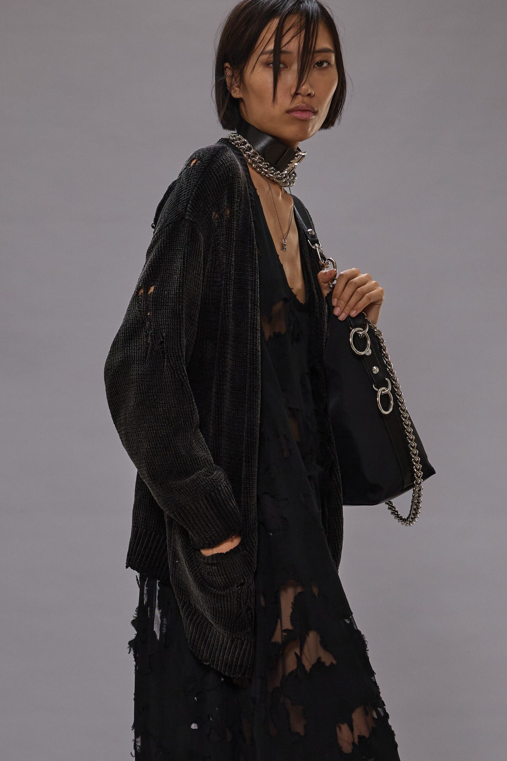 black distressed dress and cardigan