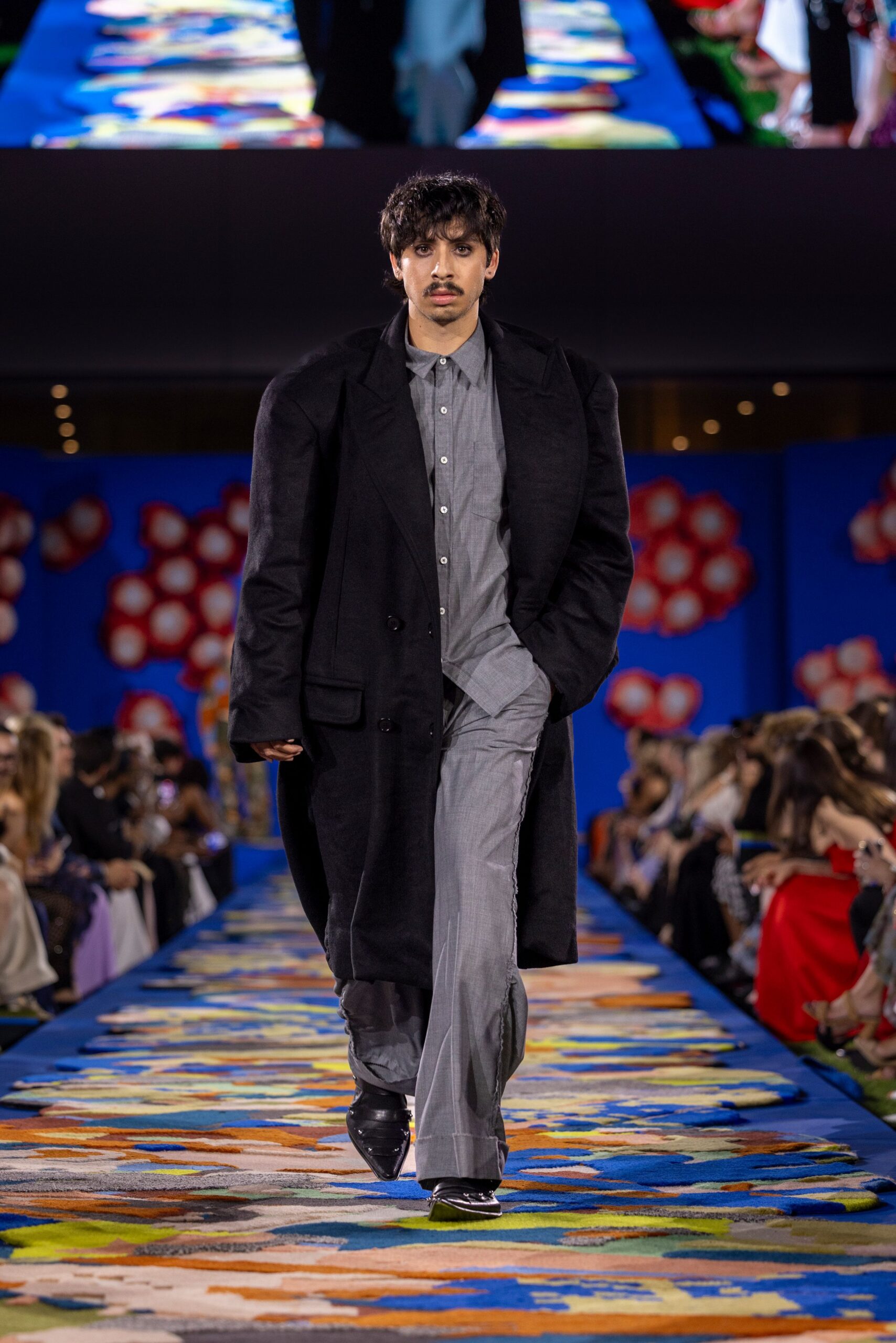 oversized black coat with gray shirt and pants