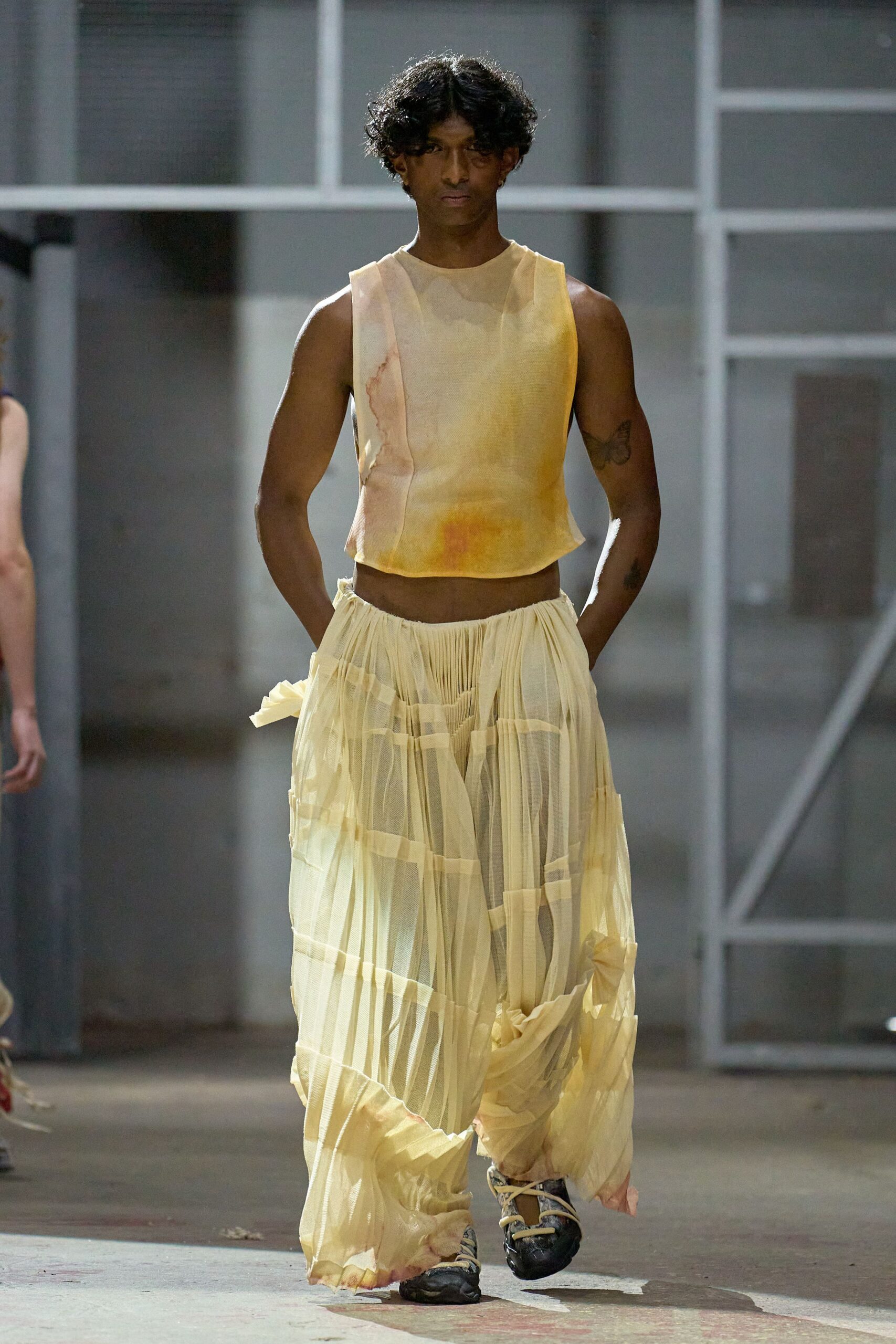 yellow silk sleeveless high-neck fitted draped sheer top