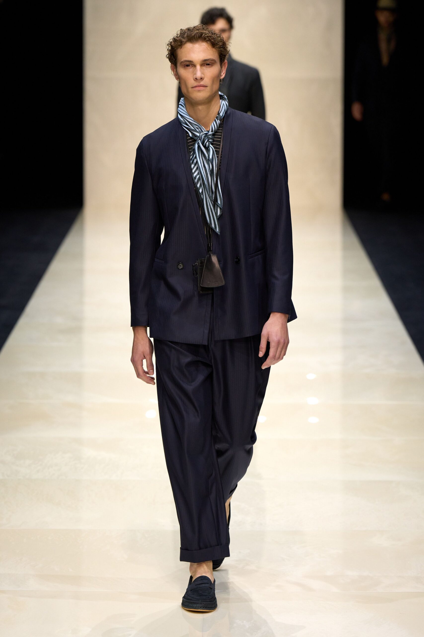 blue cotton long-sleeve collared structured buttoned suit