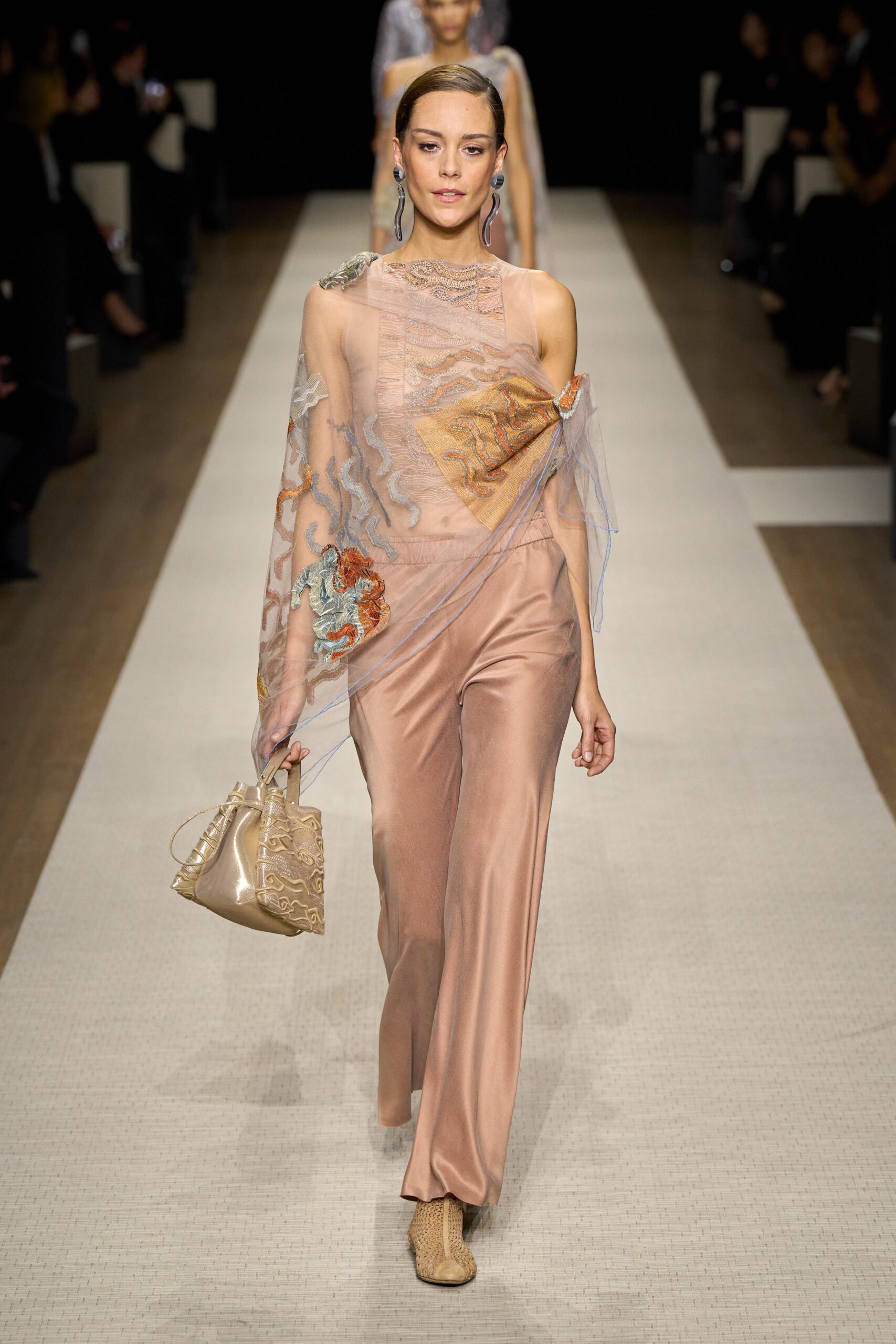 pink silk long-sleeve fitted draped flowing pants