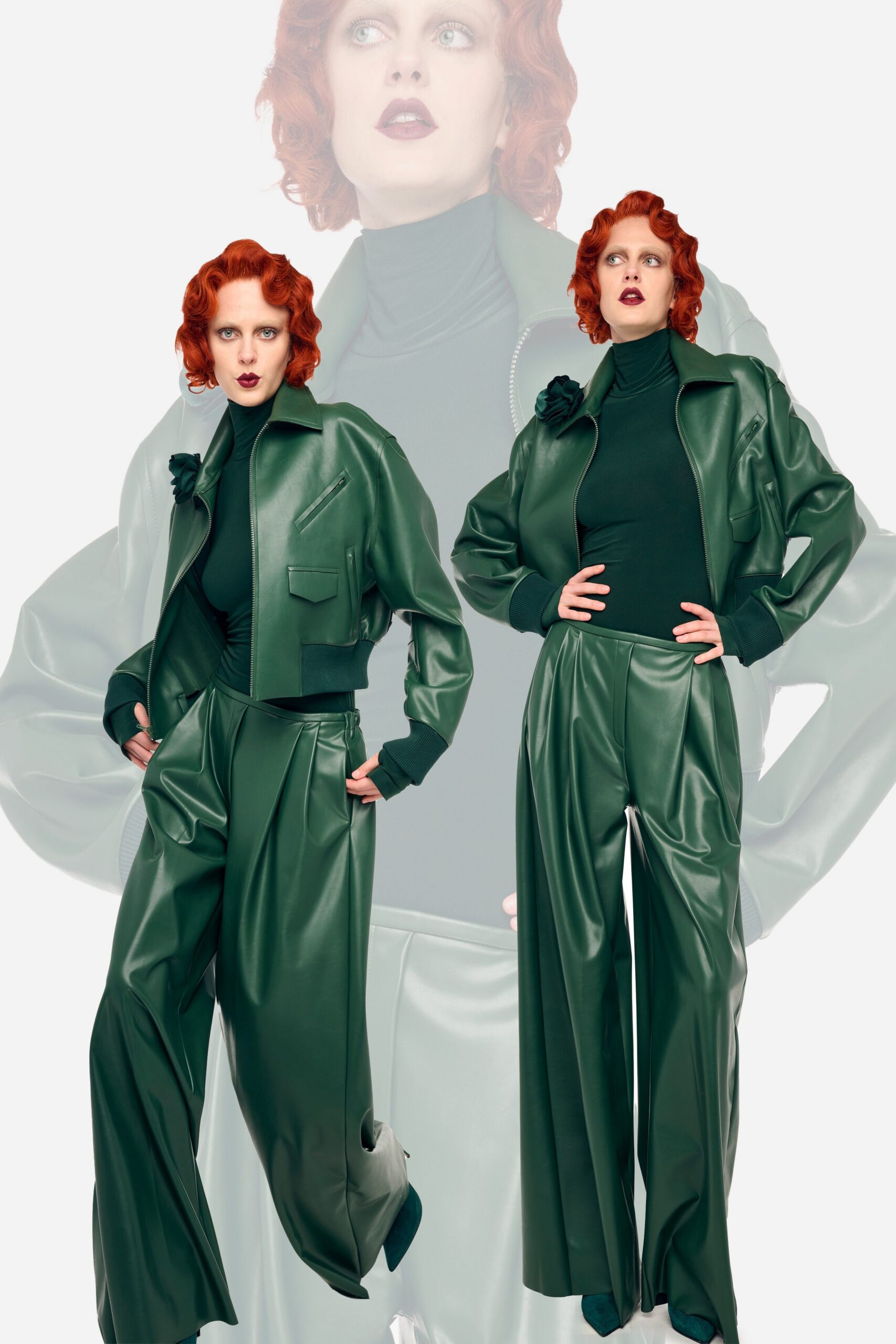 green leather long-sleeve collared relaxed zippered pockets jacket