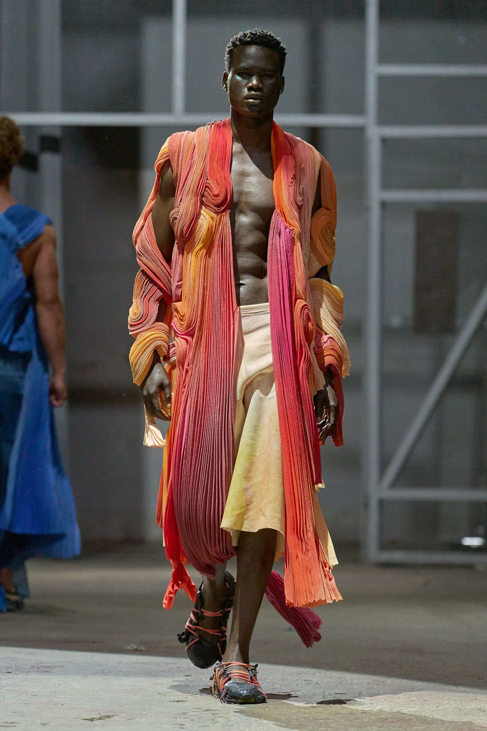 orange silk long-sleeve relaxed pleated flowing maxi coat