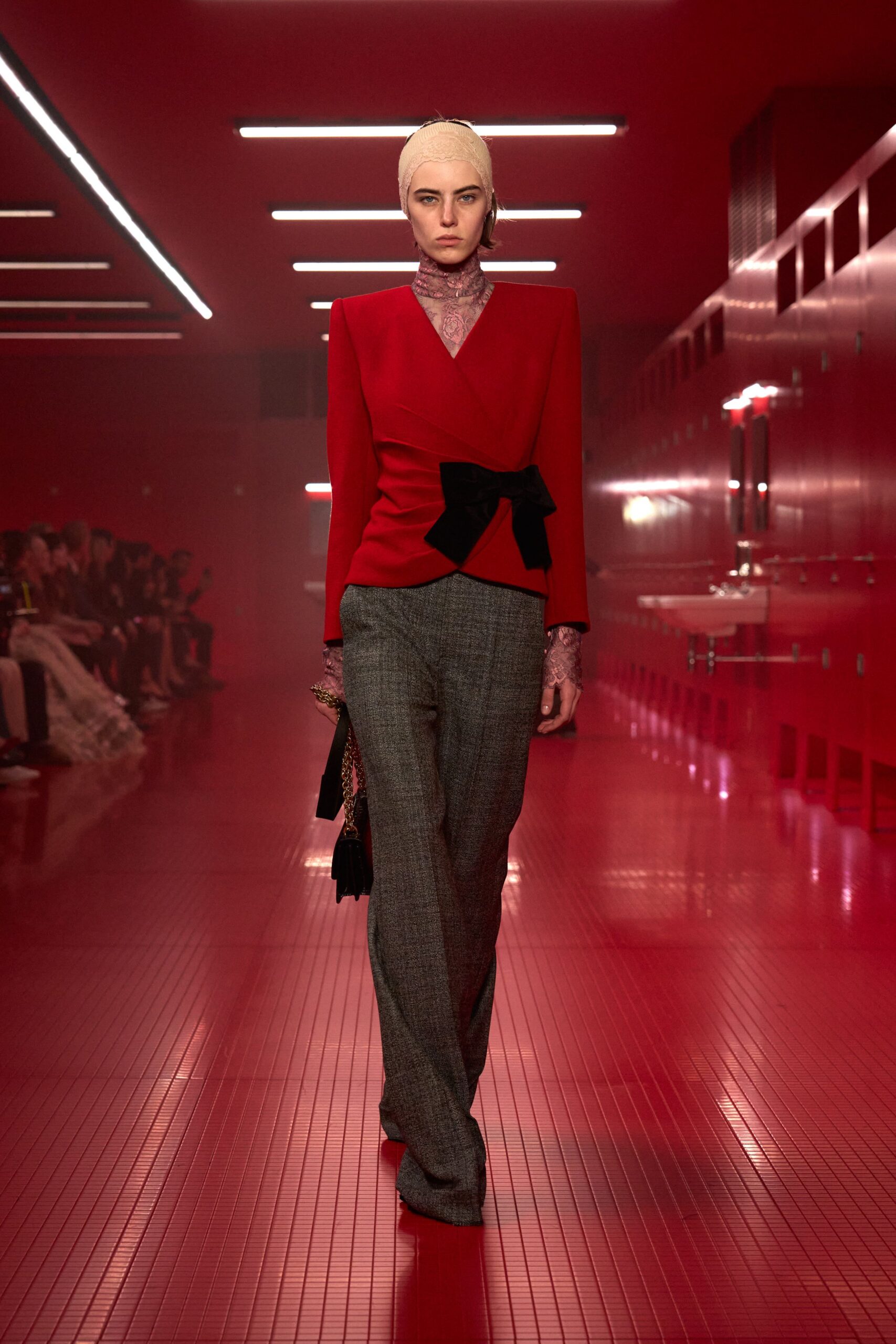 red long-sleeve v-neck fitted belted blazer