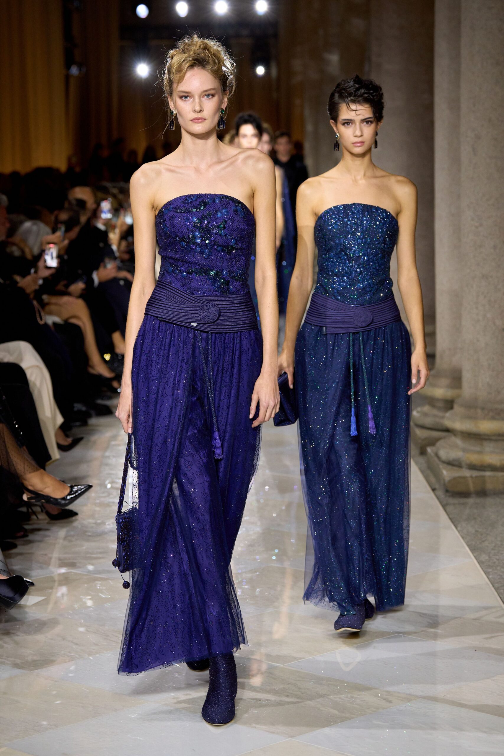 blue sequined strapless gowns