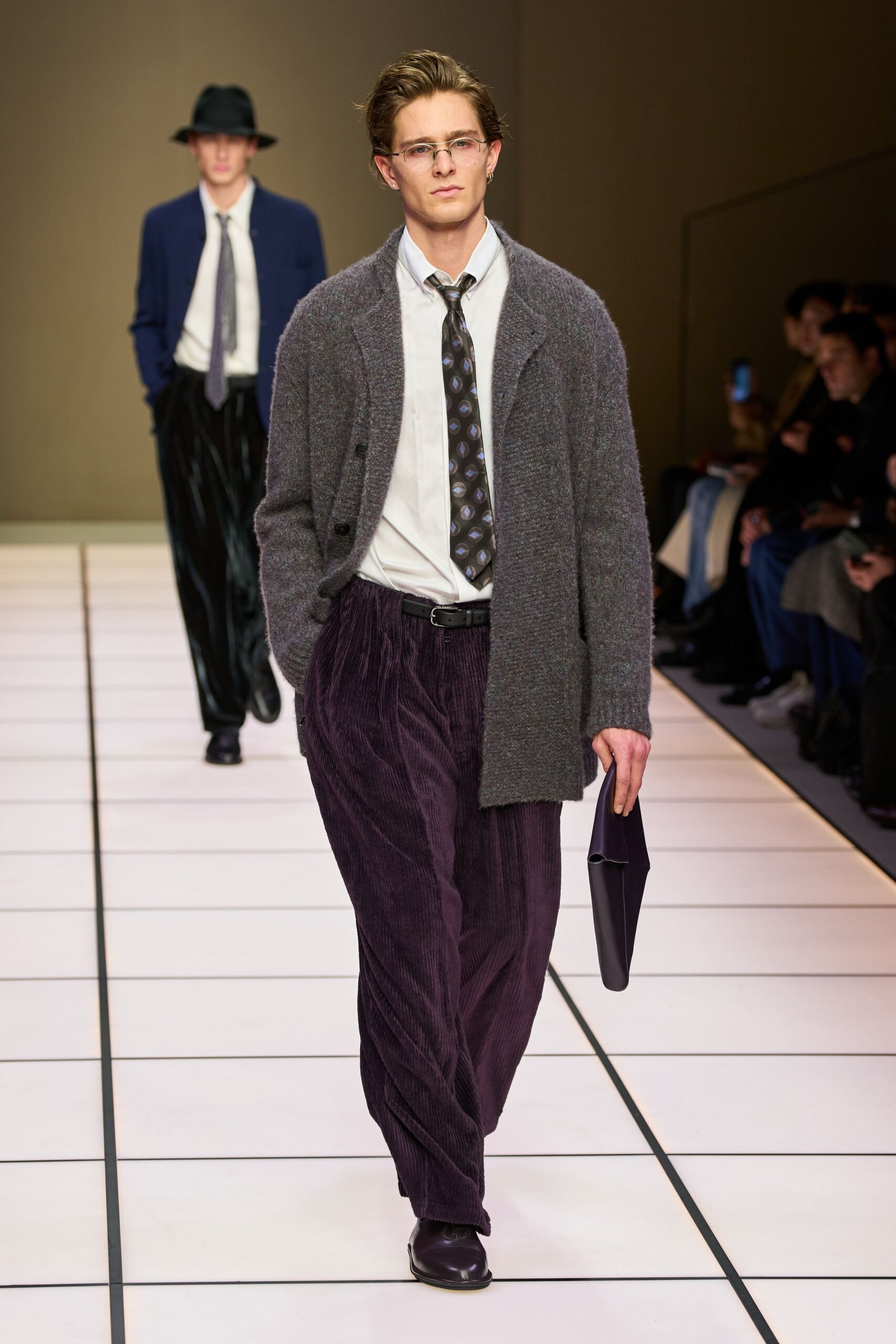 gray wool cardigan with purple pants