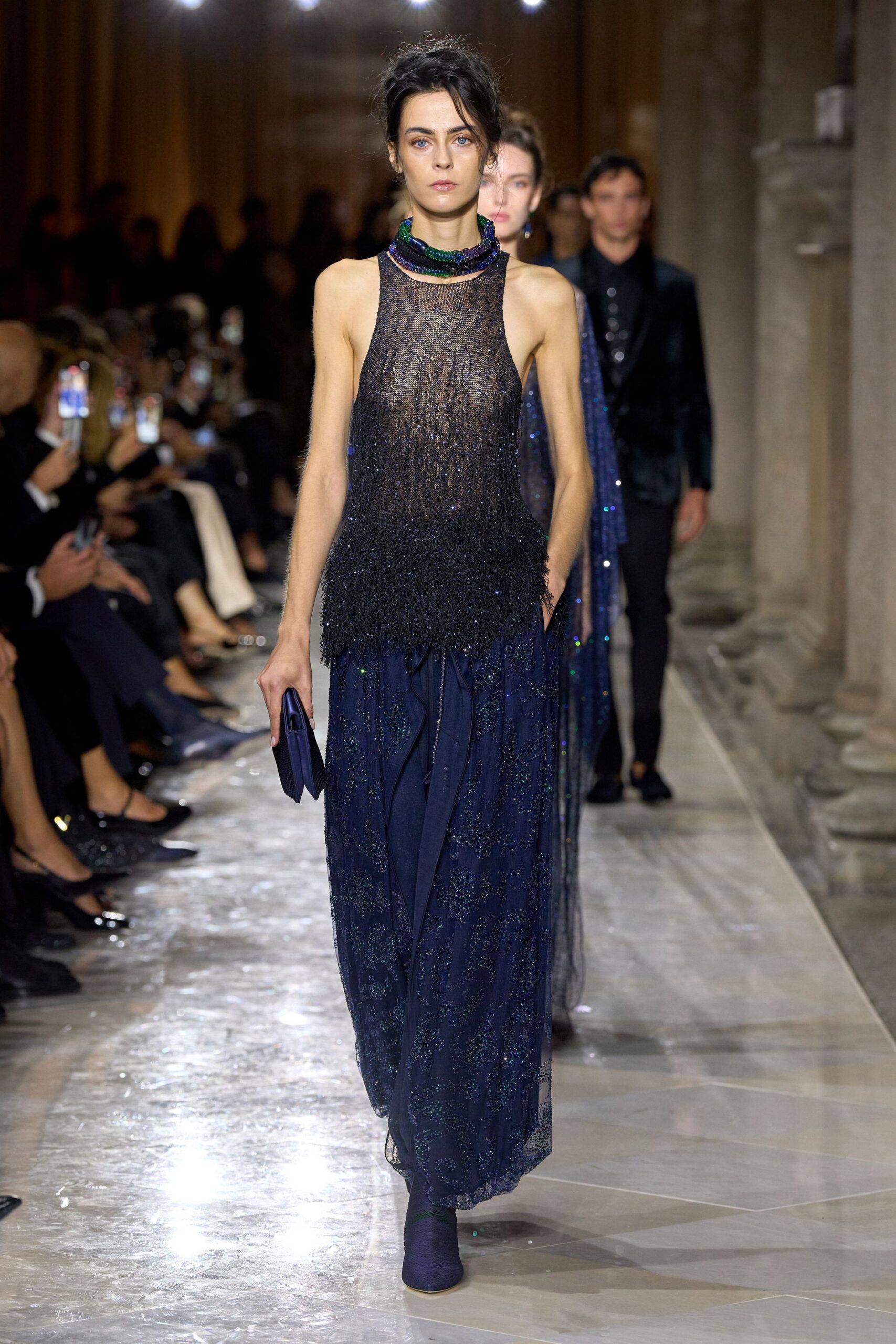 blue silk relaxed tiered flowing maxi skirt
