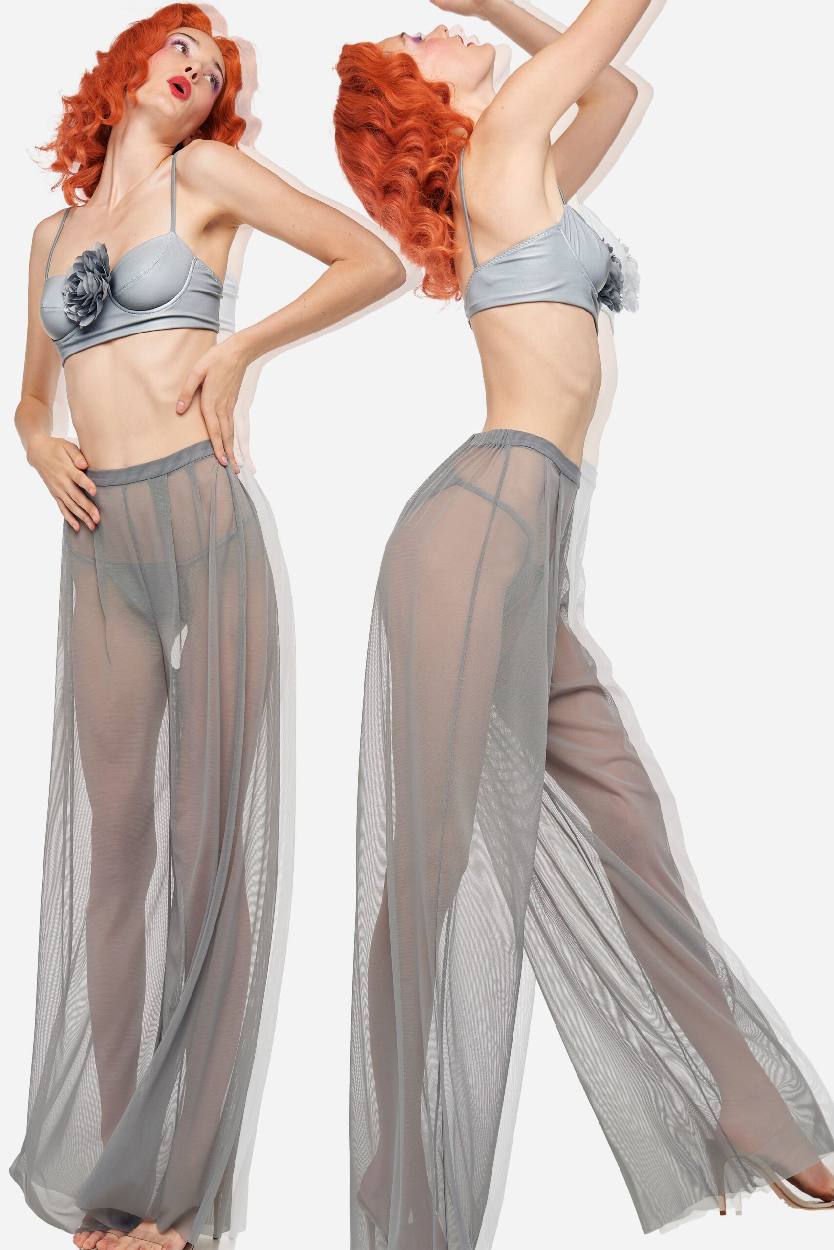 gray mesh relaxed layered sheer pants