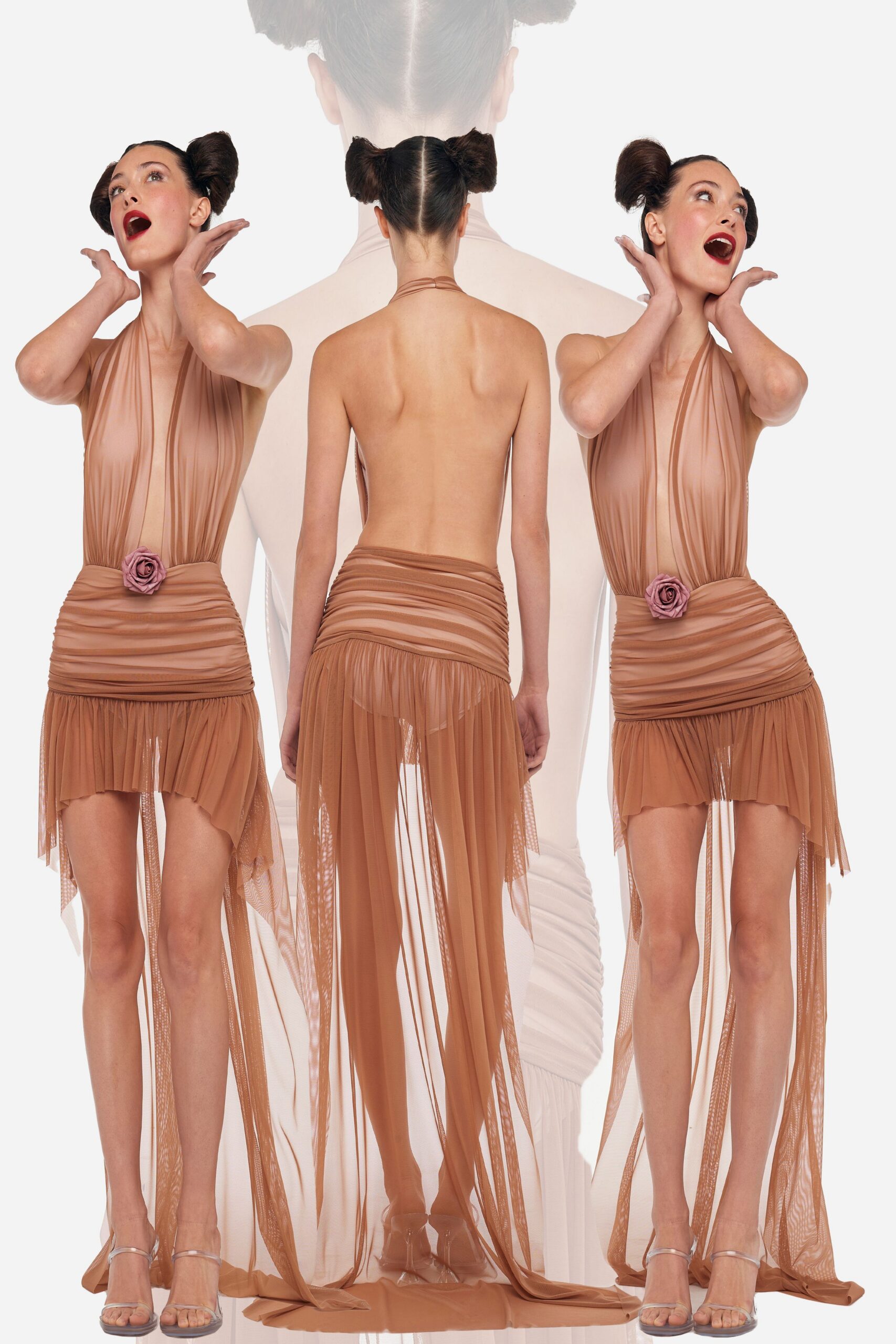 beige chiffon sleeveless v-neck fitted ruched tiered dress