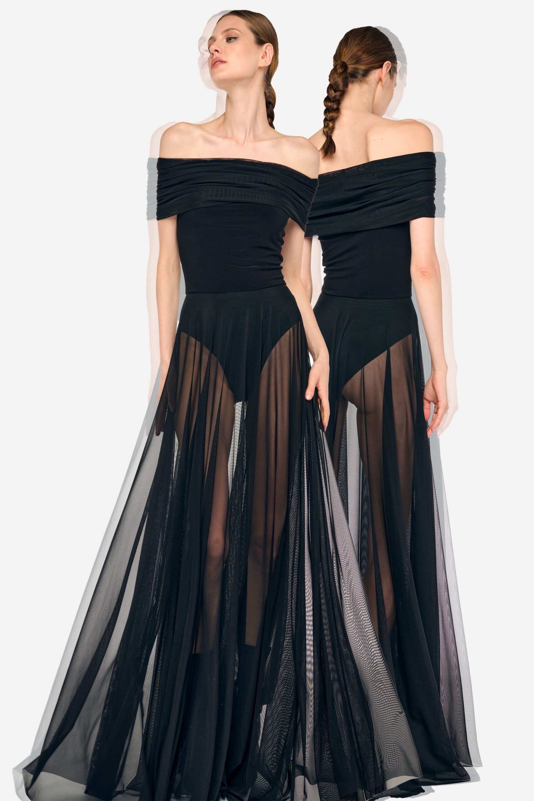 black off-shoulder flowing gown